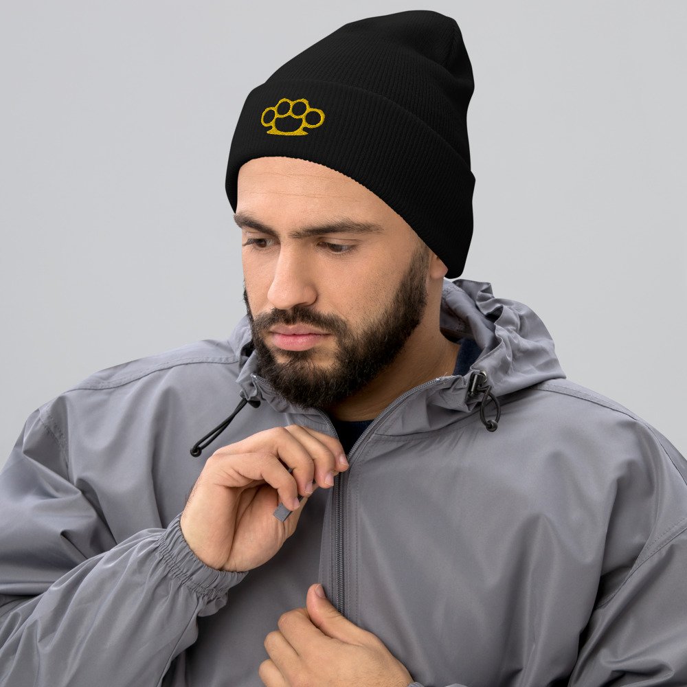 black cuffed beanie, gold brass knuckles