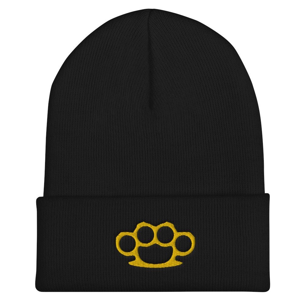 black cuffed beanie, gold brass knuckles