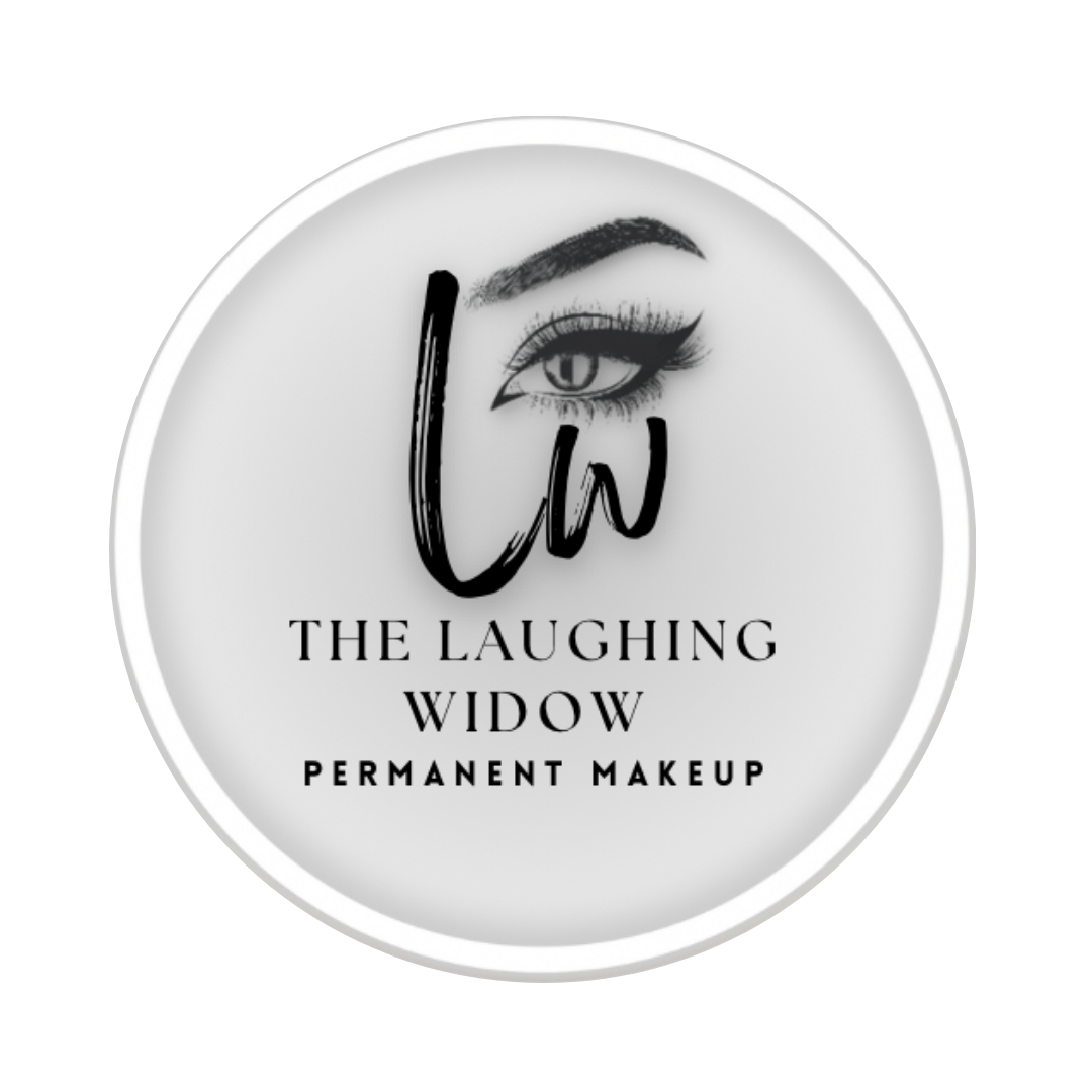 A circular white container label for 'The Laughing Widow Permanent Makeup' with an illustration of an eye and eyebrow and the initials 'Lw' in black.