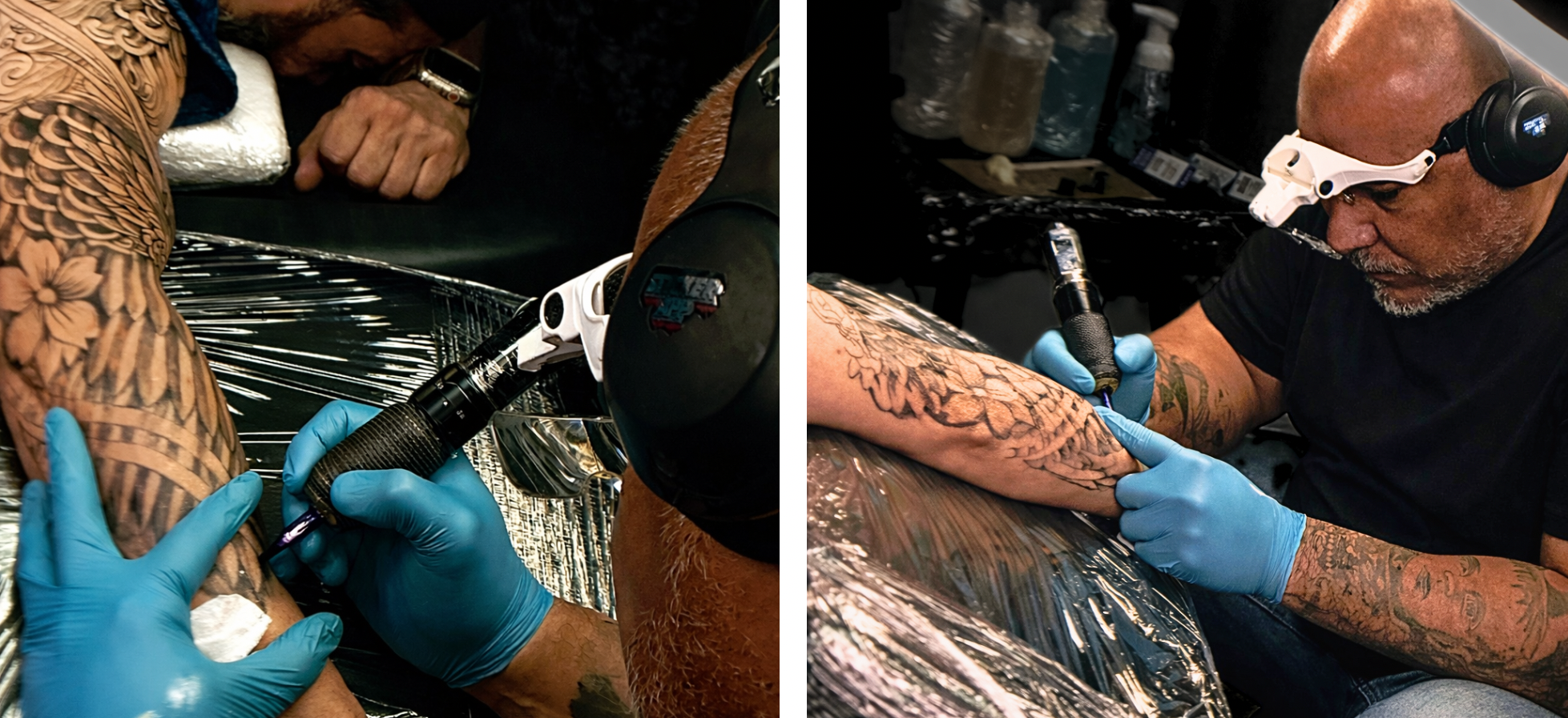 Master Artist, Ed working on a detailed black and grey sleeve tattoo using a professional tattoo machine inside a Bronx tattoo studio.