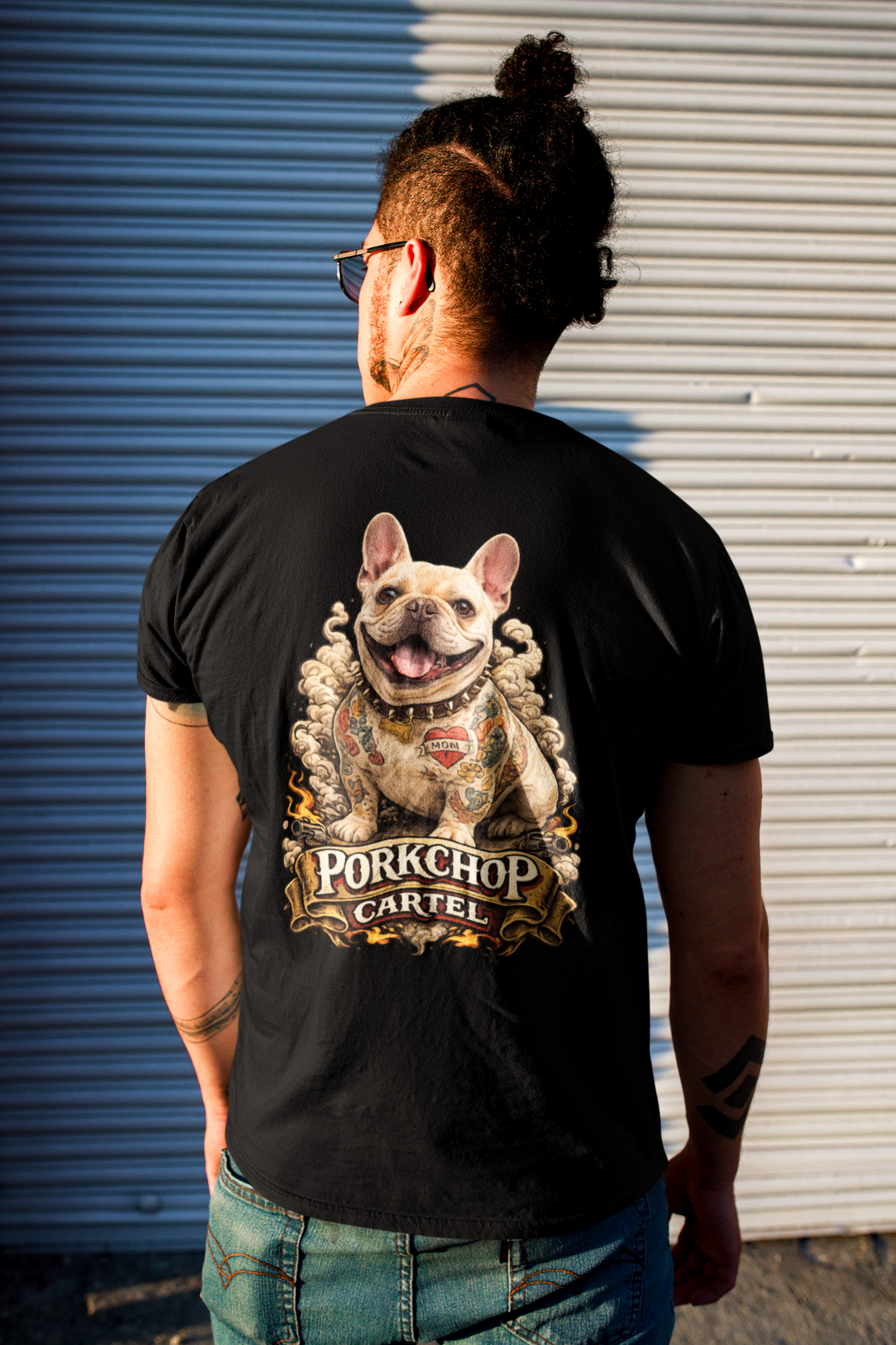 Tattooed Frenchie with a "MOM" Heart T-shirt