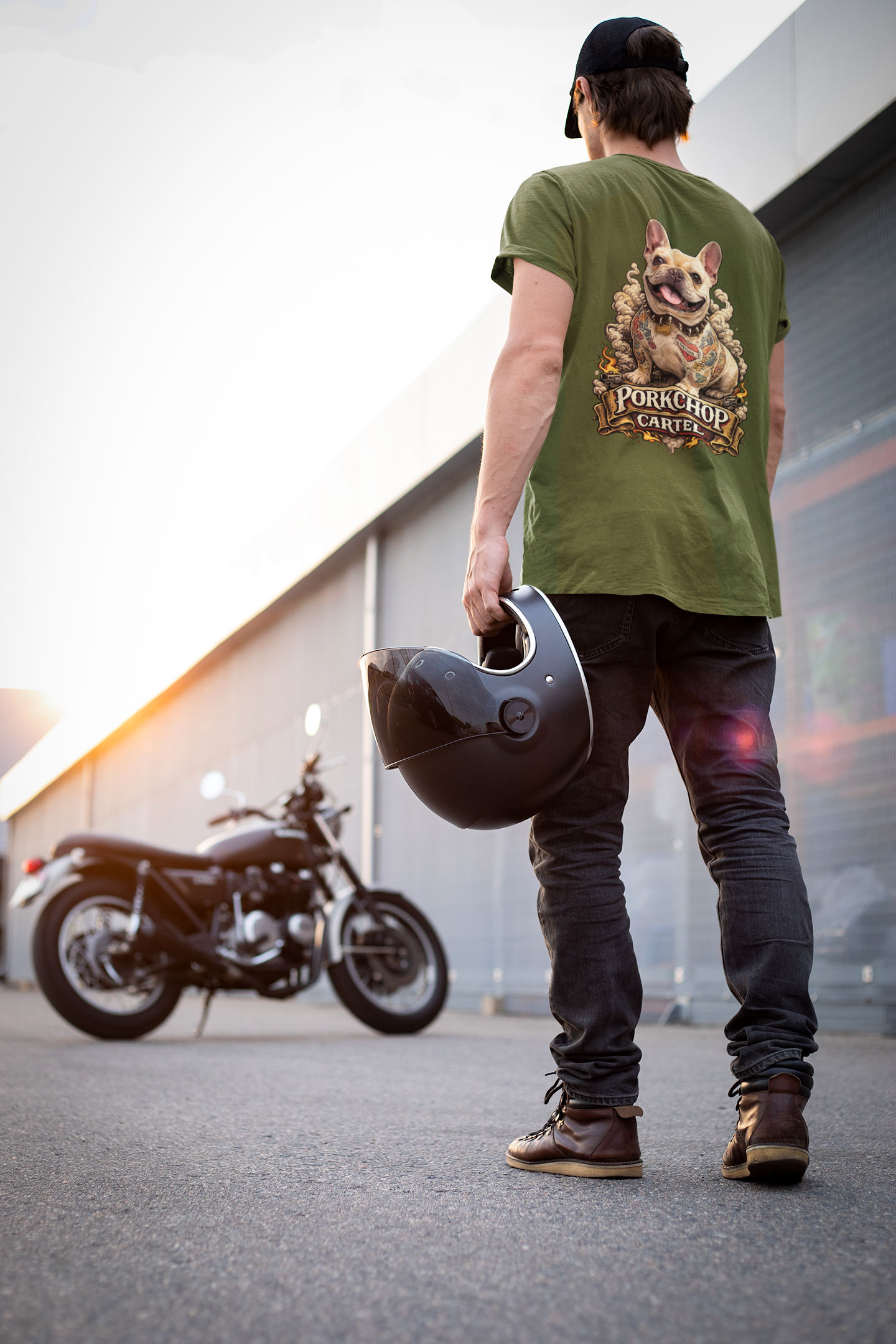 back-lifestyle-military-greent-tshirt-mockup-of-a-man-wearing-porkchop-cartel-tattooed-frenchie-with-mom-heart.png