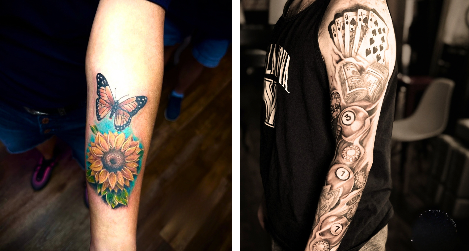 Color butterfly and sunflower with black and grey sleeve tattoo showing differences in style, shading and pigment.
