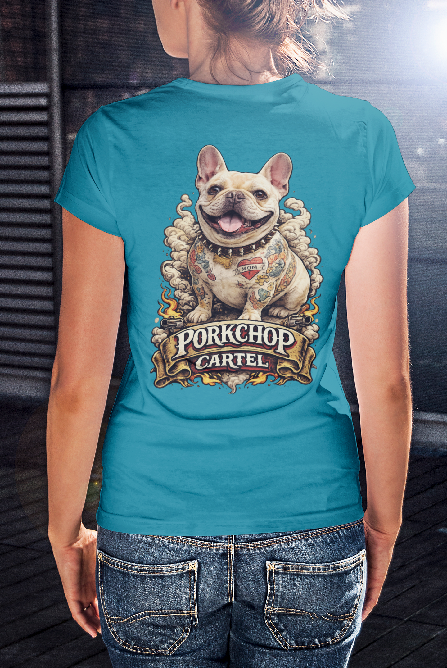 back-view-lifestyle-tropical-blue-t-shirt-mockup-of-a-woman-wearing-porkchop-cartel-tattooed-frenchie-with-mom-heart.png