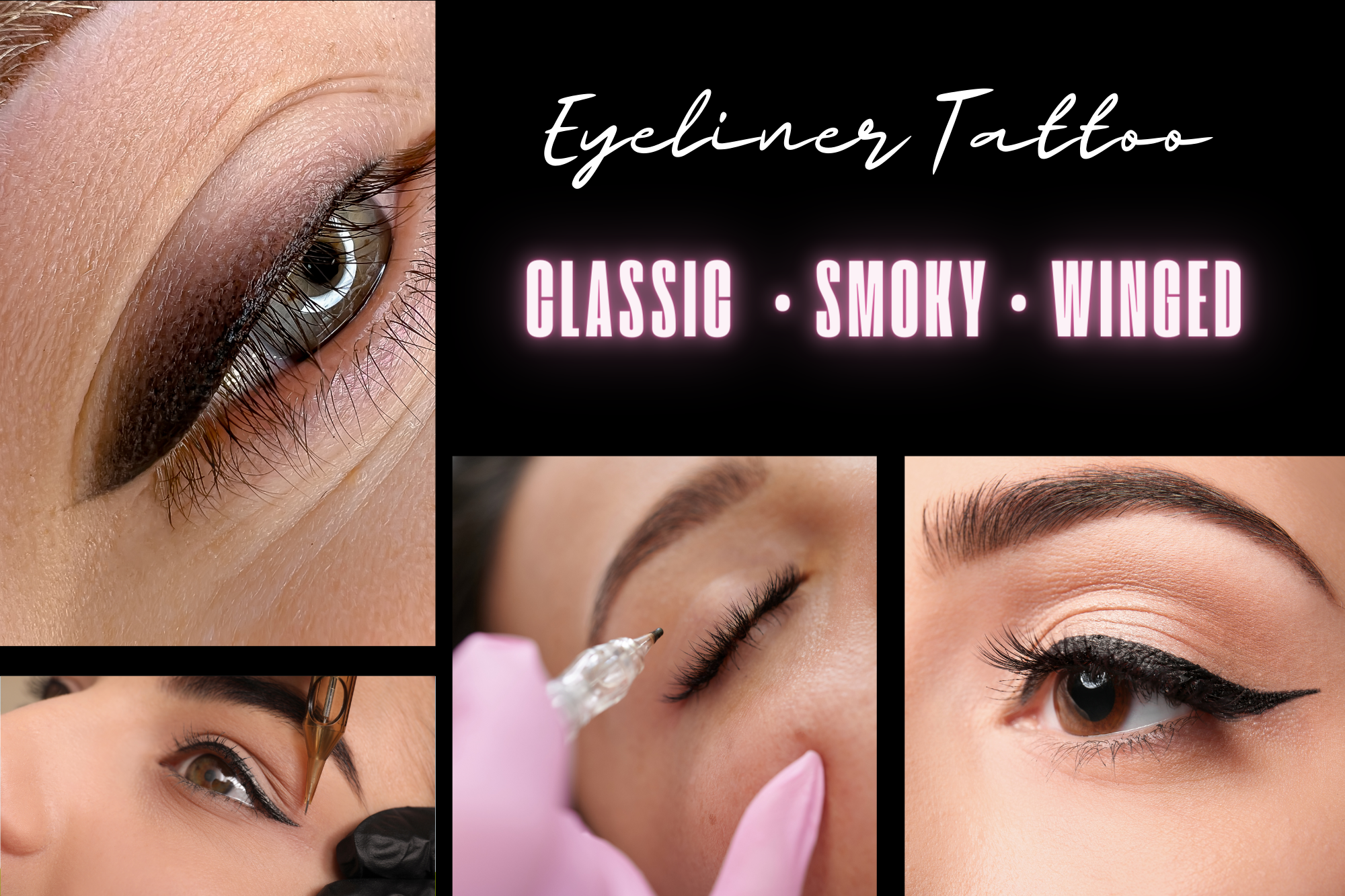 Models wearing Lash enhancement, classic and smoky eyeliner tattoos