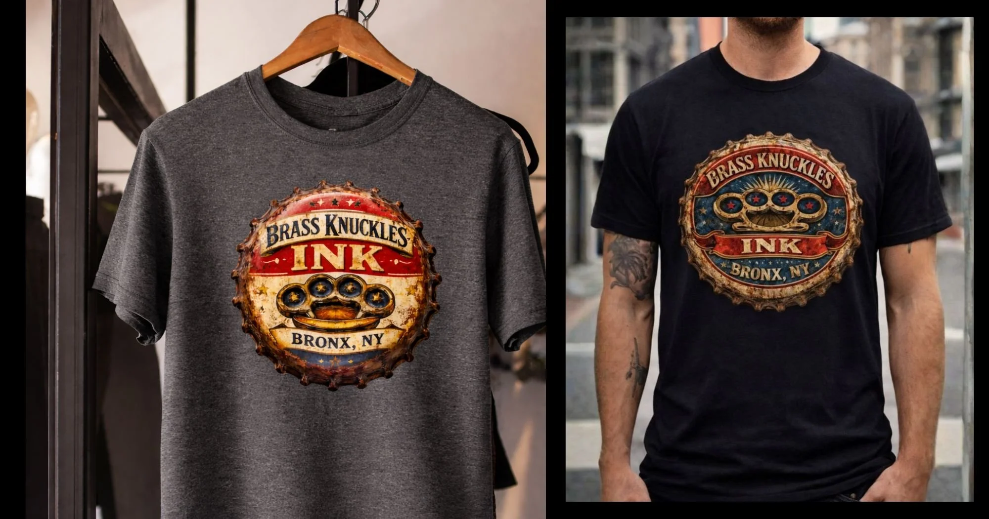 Vintage bottle cap tattoo shirt design from Brass Knuckles Ink Tattoo Studio Bronx NYC