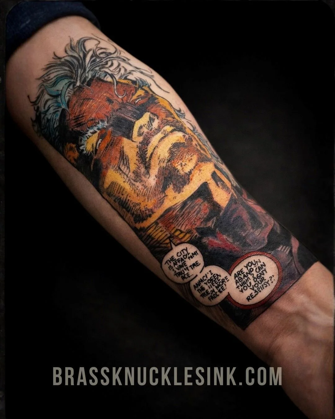 Black and grey horror portrait tattoo on calf featuring an intense, realistic facial expression, created at a professional Bronx tattoo studio in NYC.