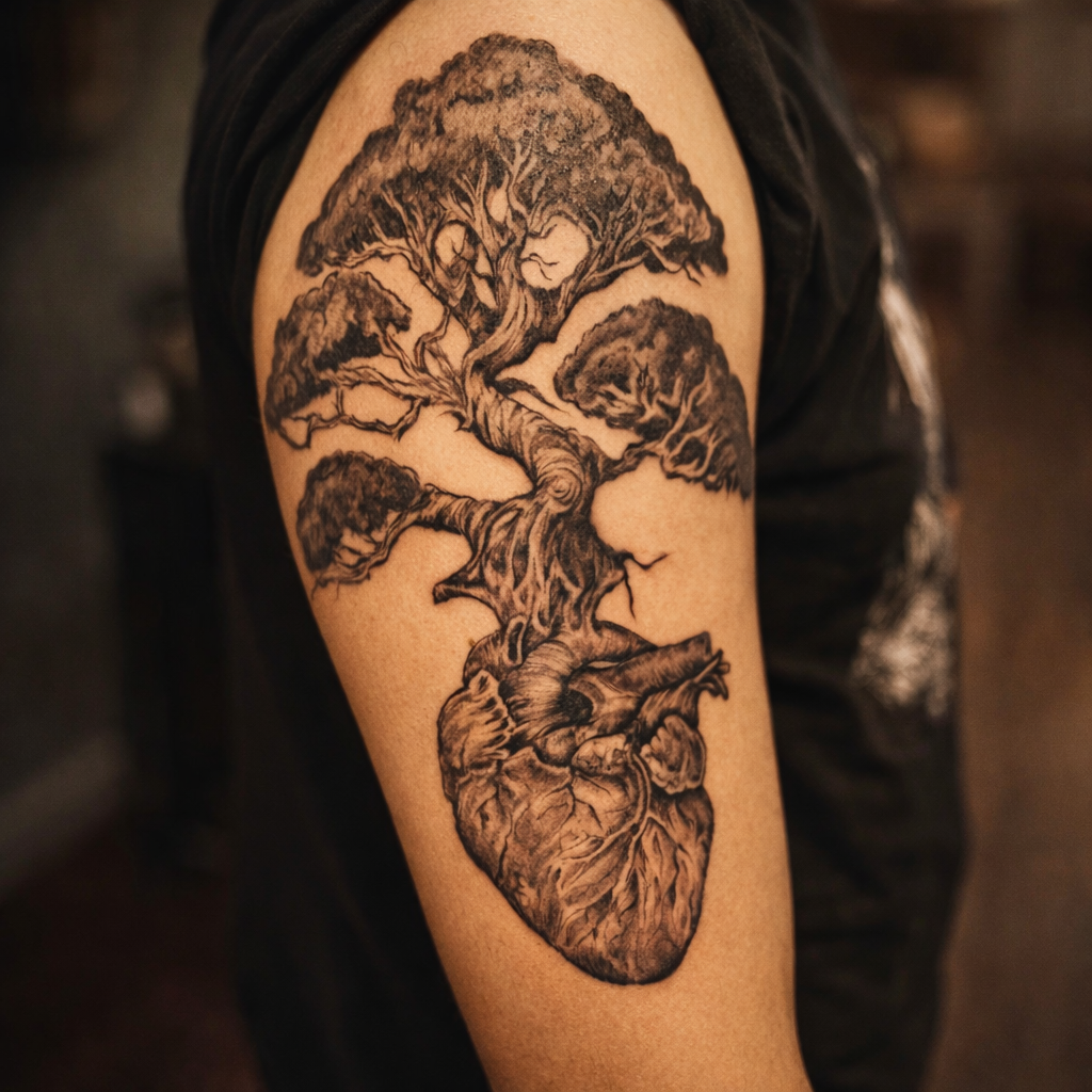 Black and grey realism tattoo featuring an anatomical heart transitioning into a detailed tree of life, symbolizing strength, growth, and resilience. This custom tattoo was created with fine line shading and smooth gradients, designed to flow natural