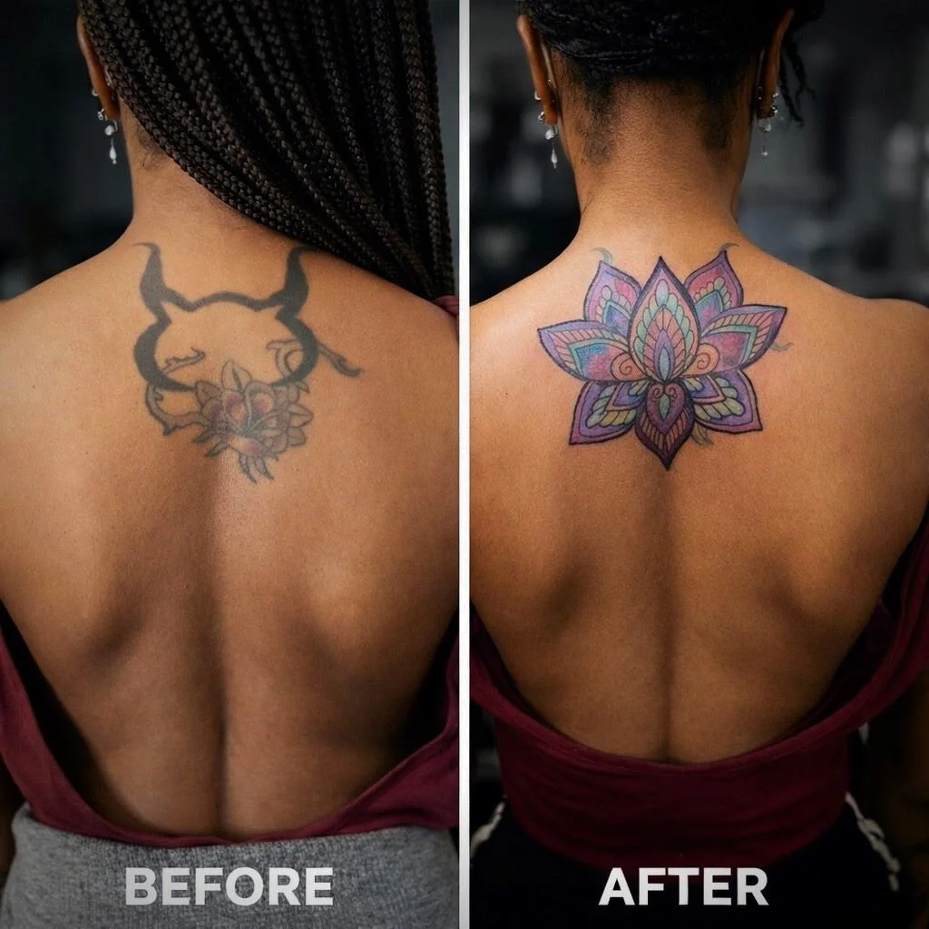 Before-and-after tattoo cover-up featuring a mandala lotus flower on the upper back, transforming an old tattoo into a symbol of renewal, balance, and personal growth through custom tattoo artistry.