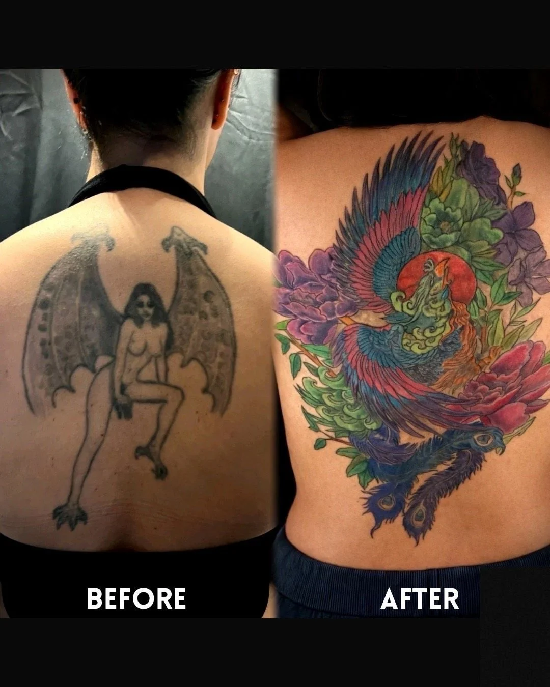 Tattoo cover-up transformation featuring a vibrant phoenix rising across the back, expertly designed to conceal an old tattoo and symbolize rebirth, strength, and renewal through custom color tattooing.