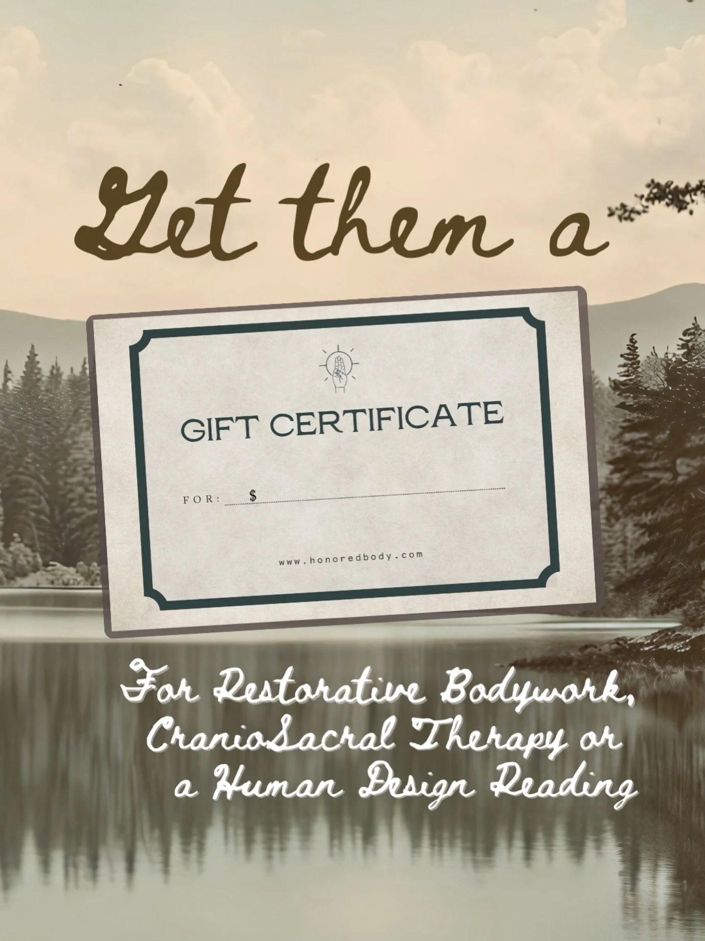Honored Body has gift certificates for specific services or a dollar amount available online for the those last minute gifters!

Services like Human Design Readings are a great way to gift a long distance friend an online session that sets them up fo