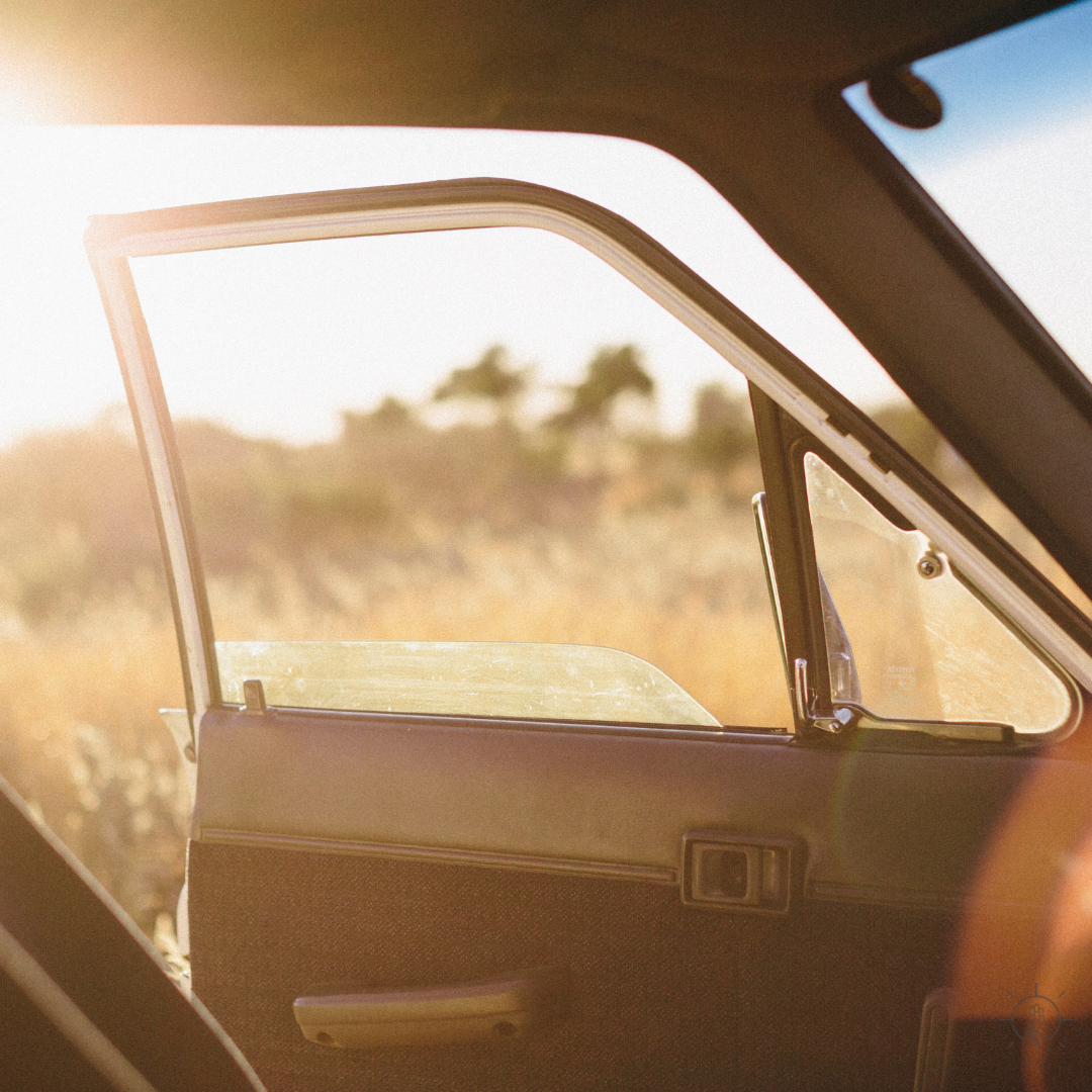 A car door is open to a natural background that is out of focus, but the sun is shining through the window.