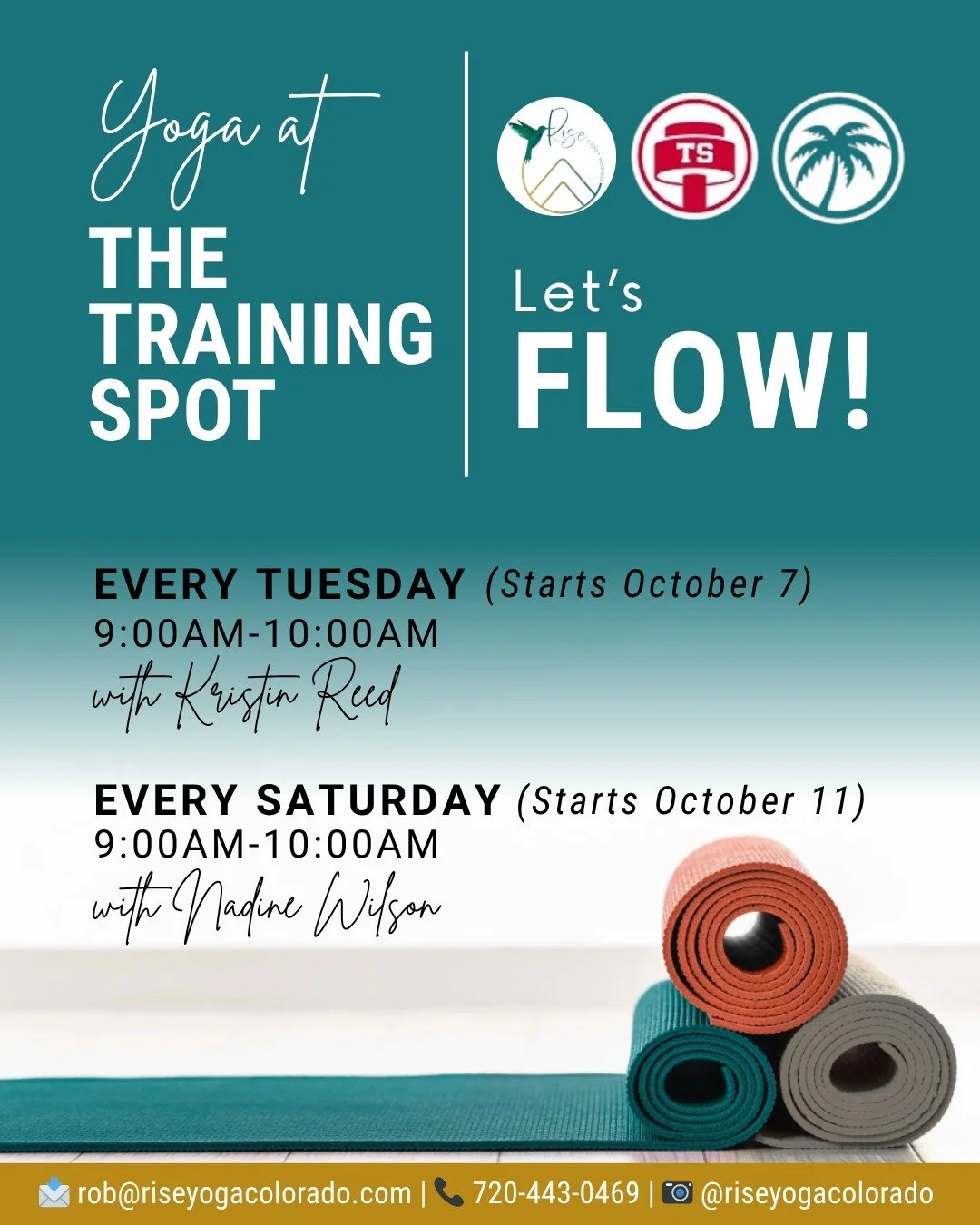 We&rsquo;re bringing the Rise spirit to The Training Spot! 💫

Flow with us every Tuesday + Saturday. 🌿

Spots are limited&mdash;save yours through the link in bio!

#riseyogacolorado #thetrainingspotgolden #healthandwellnesscolorado