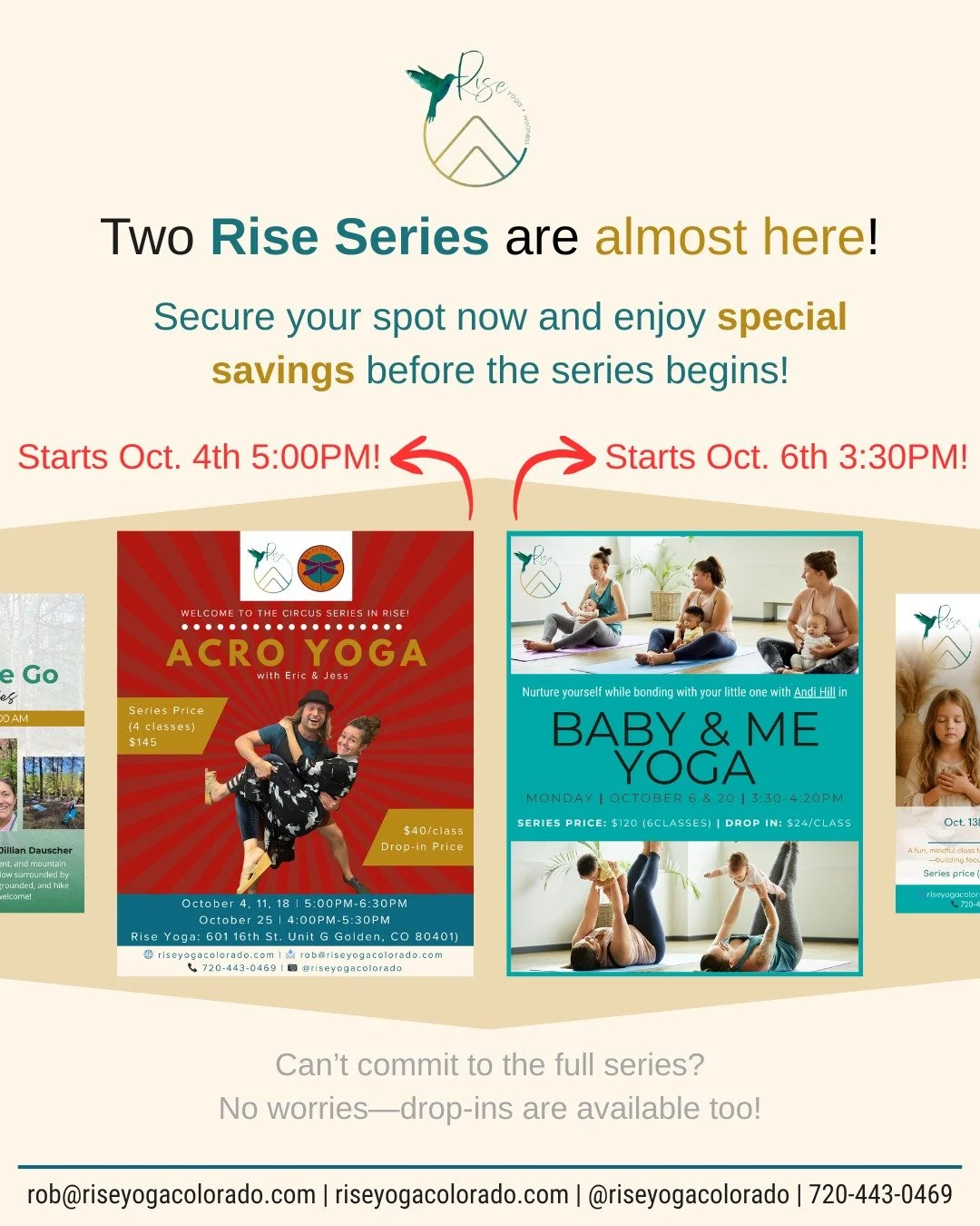 Two Rise Series are almost here! 💫

💥 Acro Yoga Series
📅 Oct. 4,11,18 | 🕔 5-6:30PM
📅 Oct. 25 | 🕔 4-5:30PM
💰 Series: $145 (Save $15)
💰 Drop in: $40

👩&zwj;👦 Baby and Me Yoga
📅 Oct. 6, 20 | Nov. 3, 17 | Dec. 1, 15
🕔 3:30-4:20PM
💰 Series: $