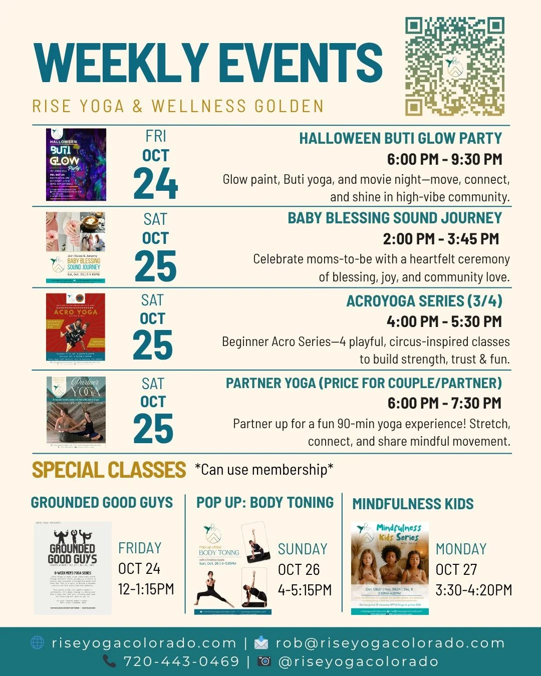 Swipe through to see Rise events, special classes, and series happening this weekend through Monday! ➡

✨ Halloween Buti Glow Party
✨ Baby Blessing Sound Journey
✨ Acro Yoga
✨ Partner Yoga
✨ Grounded Good Guys (Series begins on Oct 24th, drop-ins wel