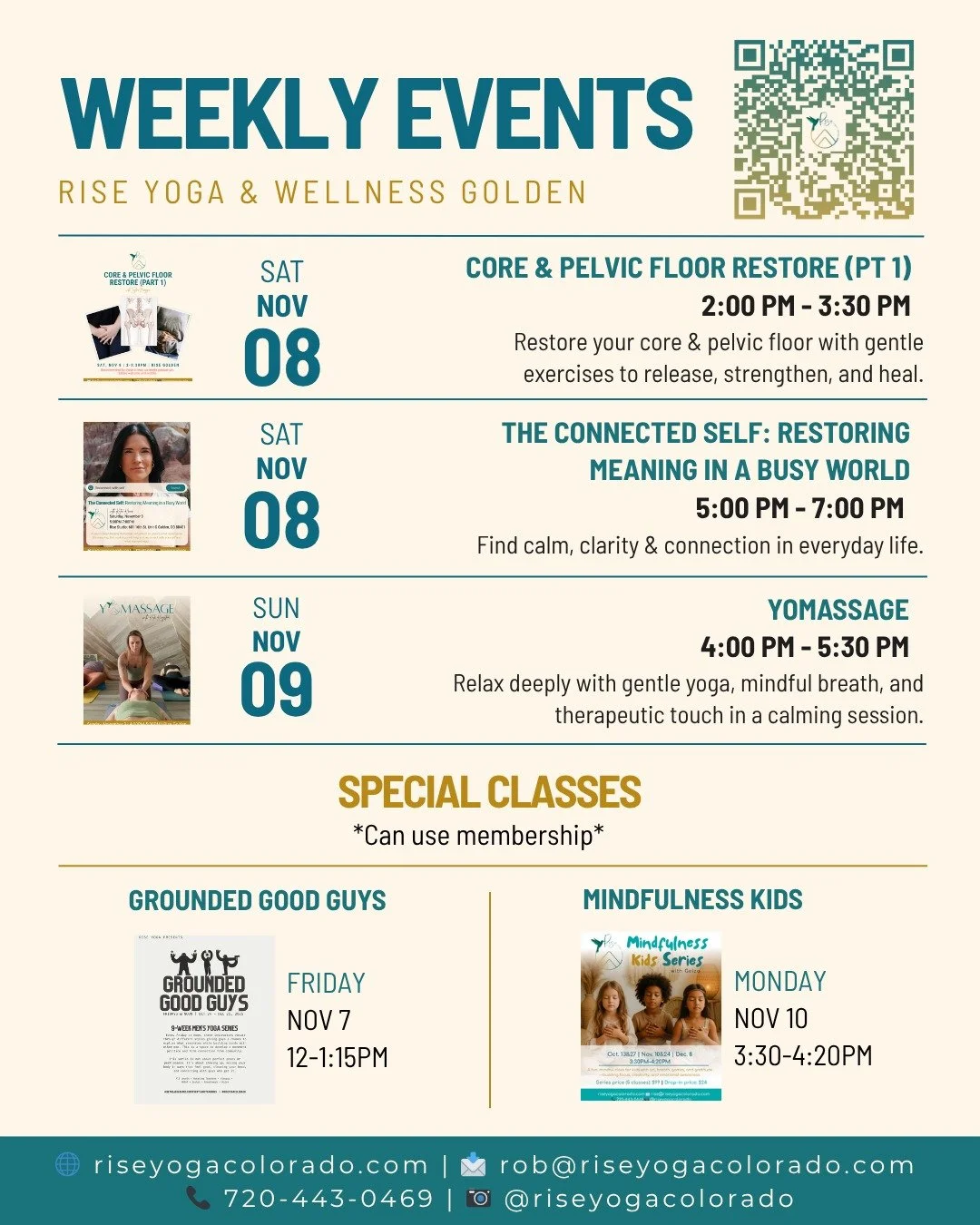 Swipe through to see Rise events, special classes, and series happening this weekend through Monday! ➡

✨ Grounded Good Guys: 4BEAT Yoga Series (4BEAT Introduction)
✨ Core and Pelvic Floor Restore (Part 1)
✨ The Connected Self: Restoring Meaning in a