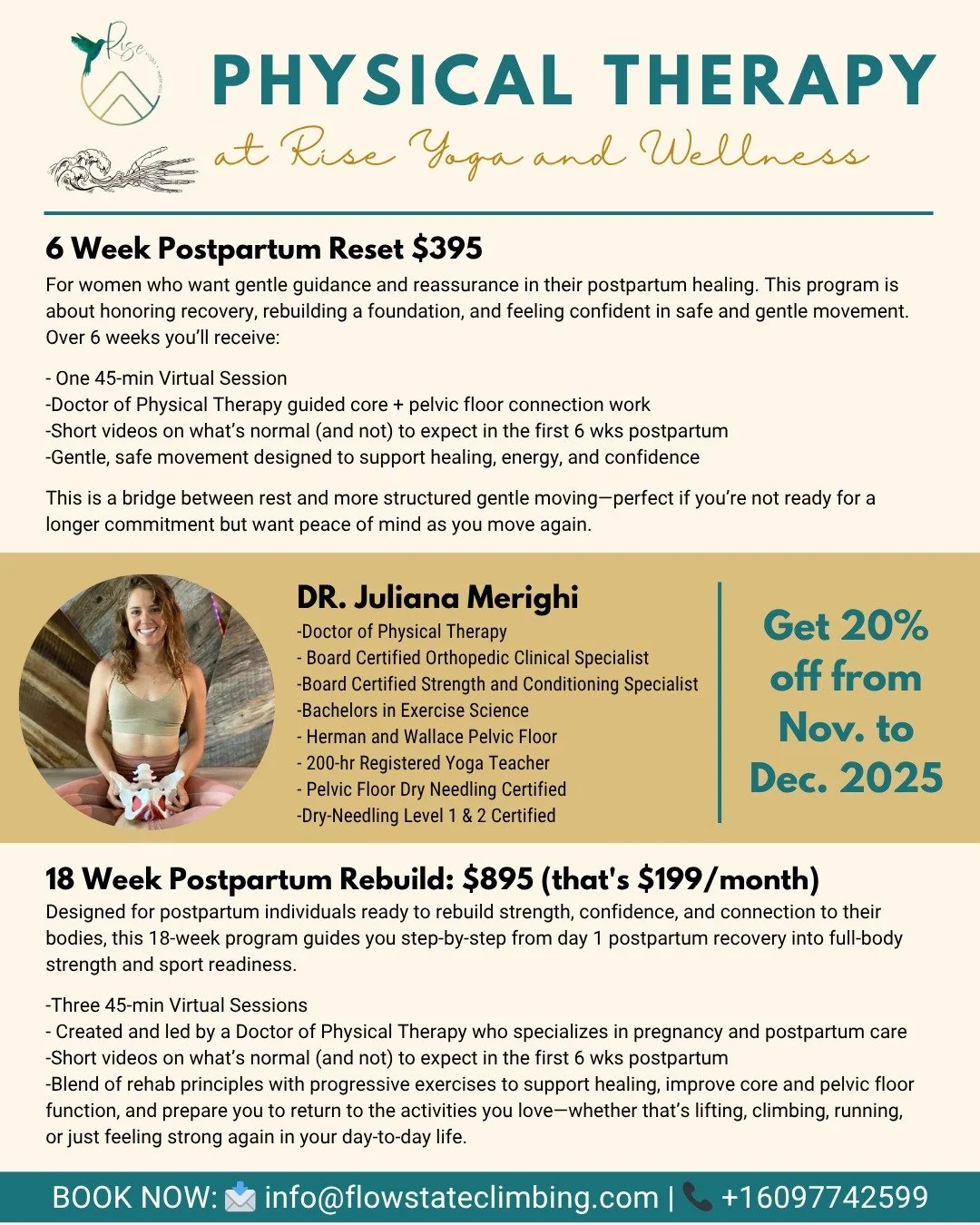 ✨ Physical Therapy: Postpartum Healing at Rise Yoga &amp; Wellness ✨ 

Motherhood is a profound transition &mdash; physically, emotionally, and energetically. At Rise Yoga &amp; Wellness, we&rsquo;re honored to hold space for your recovery and reconn