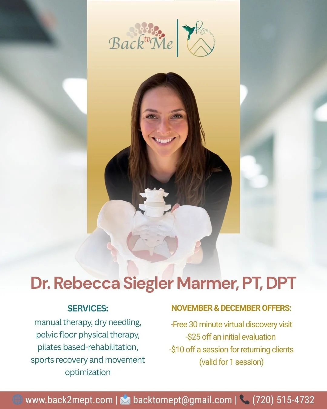 Physical Therapy is housed right here at Rise with 'Back to Me'.

We&rsquo;re honored to offer a space where your healing, strength, and reconnection can unfold.

✨ Come give yourself the care you deserve.

#riseyogacolorado #risegolden #physicalther