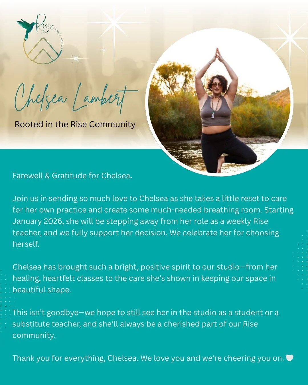 Farewell &amp; Gratitude for Chelsea.

Join us in sending so much love to Chelsea as she takes a little reset to care for her own practice and create some much-needed breathing room. Starting January 2026, she will be stepping away from her role as a