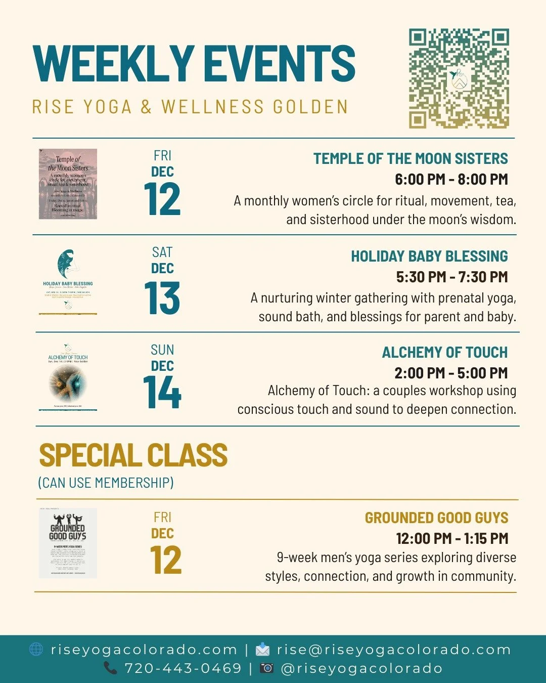 Swipe through to see Rise special events &amp; special classes happening this Friday through Sunday! ➡

✨ Special Event
❣ Temple of the Moon Sisters
❣ Holiday Baby Blessing
❣ Alchemy of Touch

✨ Special Classes (can use membership)
❣ Grounded Good Gu