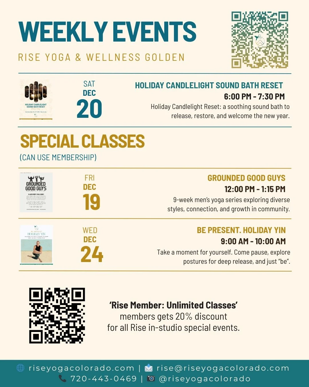 Swipe through to see Rise special events &amp; special classes happening this Friday through Wednesday! ➡

✨ Special Event
❣ Holiday Candlelight Sound Bath Reset 

✨ Special Classes (can use membership)
❣ Grounded Good Guys Series: 4BEAT Yoga (4BEAT 