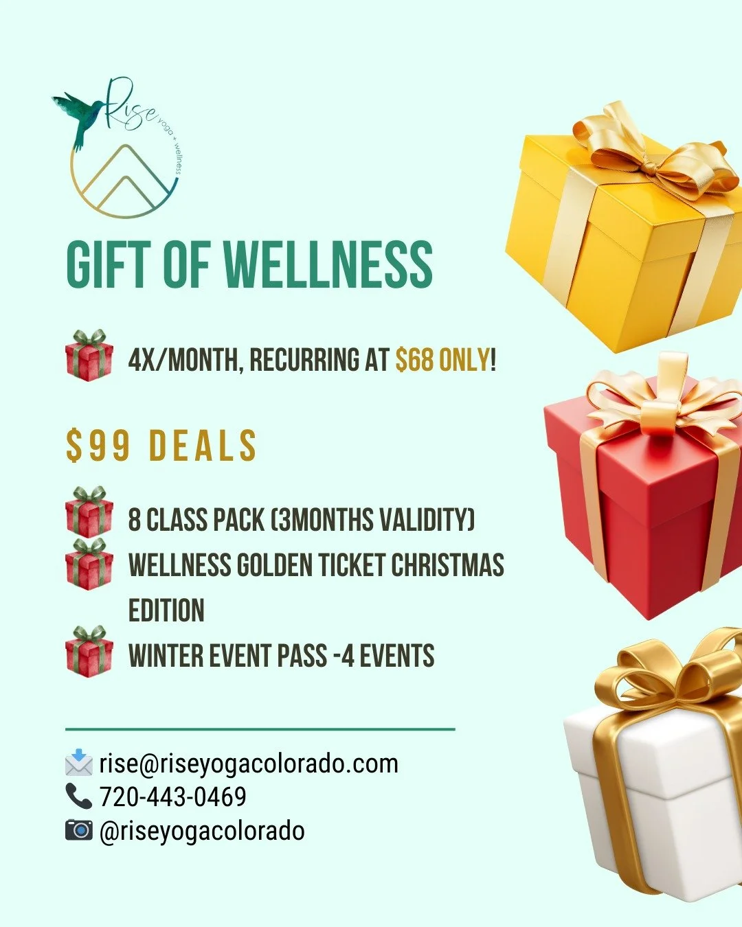 GIFT OF WELLNESS

This season, give the gift of movement, balance, and care. Enjoy our special holiday offers&mdash;perfect for welcoming the new year with intention or sharing wellness with someone special.

💚 Click the link in bio or reach out to 