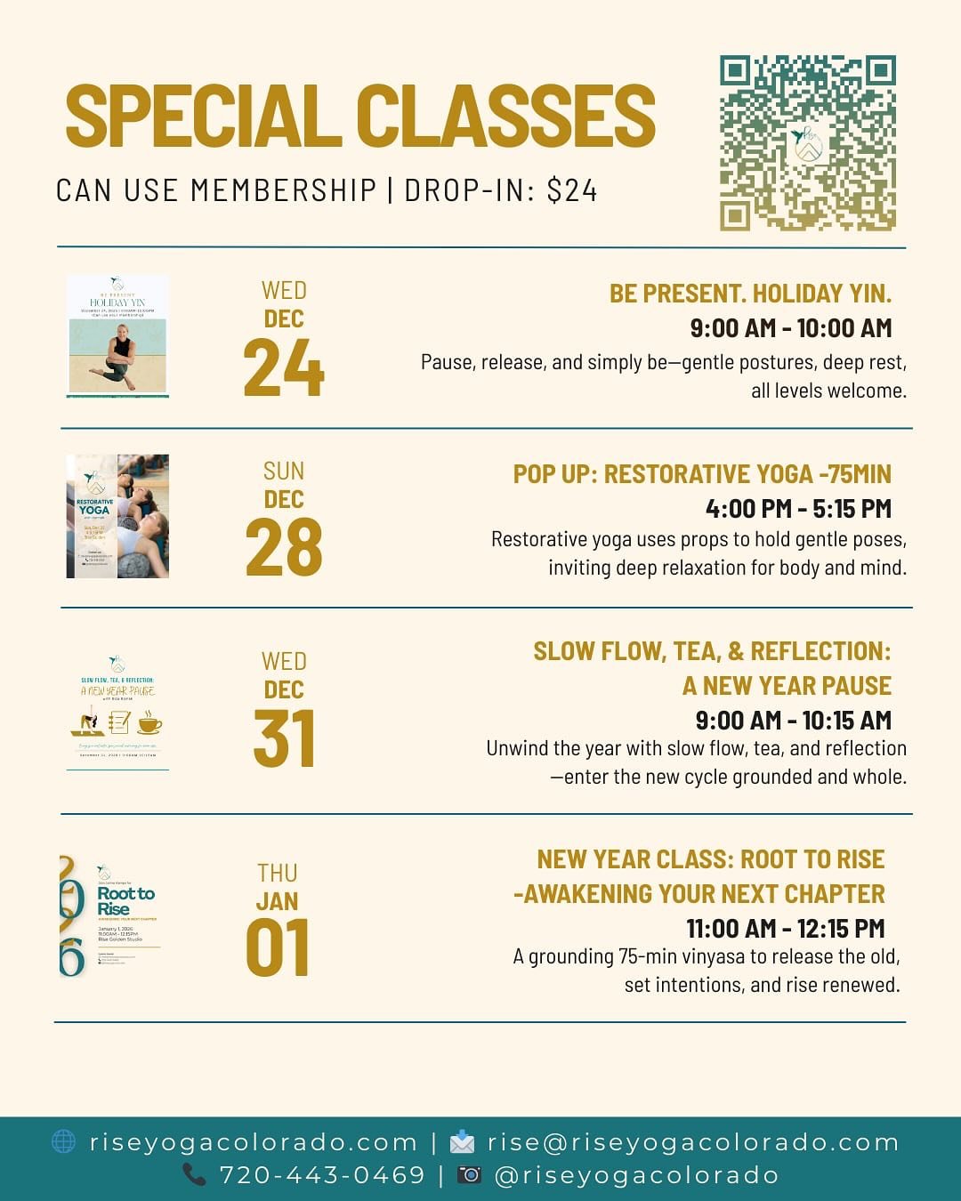 Swipe through to see Rise special classes happening specially for this holiday season! Special classes at regular prices, can use membership! ➡

✨ Be Present. Holiday Yin.
✨ Pop Up: Restorative Yoga -75min
✨ Slow Flow, Tea, &amp; Reflection: A New Ye