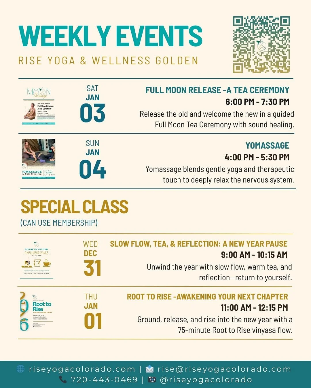 Swipe through to see Rise special events &amp; special classes happening this Wednesday through Sunday! ➡

 💫Special Event
✨ Full Moon Release -A Tea Ceremony
✨ Yomassage

💫 Special Classes (can use membership)
✨ Slow Flow, Tea, &amp; Reflection -A