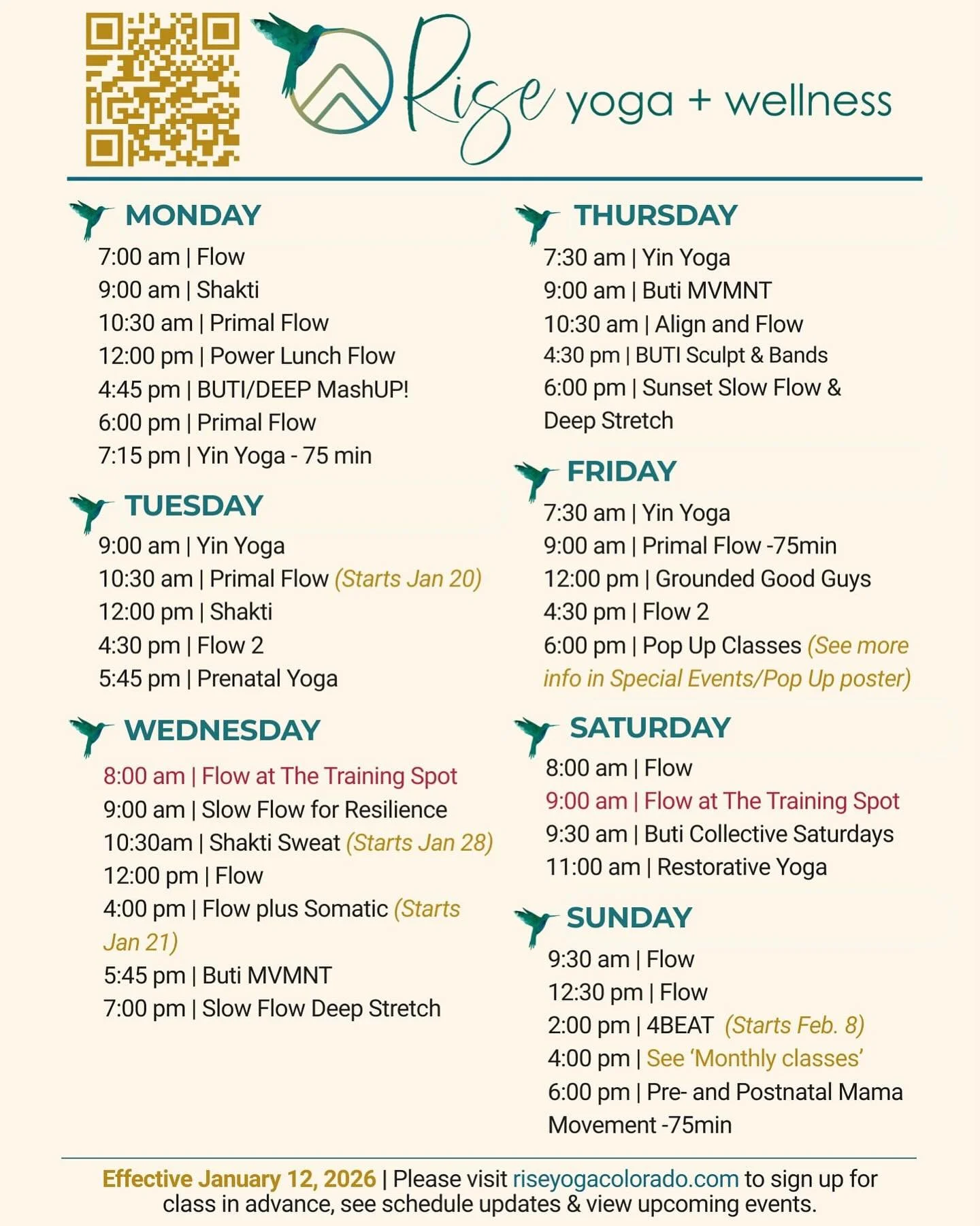 UPDATED CLASS SCHEDULE BEGINS JANUARY 12! 

Flow with us at Rise Yoga &amp; Wellness Studio + The Training Spot! Find your breath, your balance, and your people. 🍃

✨ Whether you&rsquo;re craving a slow, mindful flow or an energizing movement practi