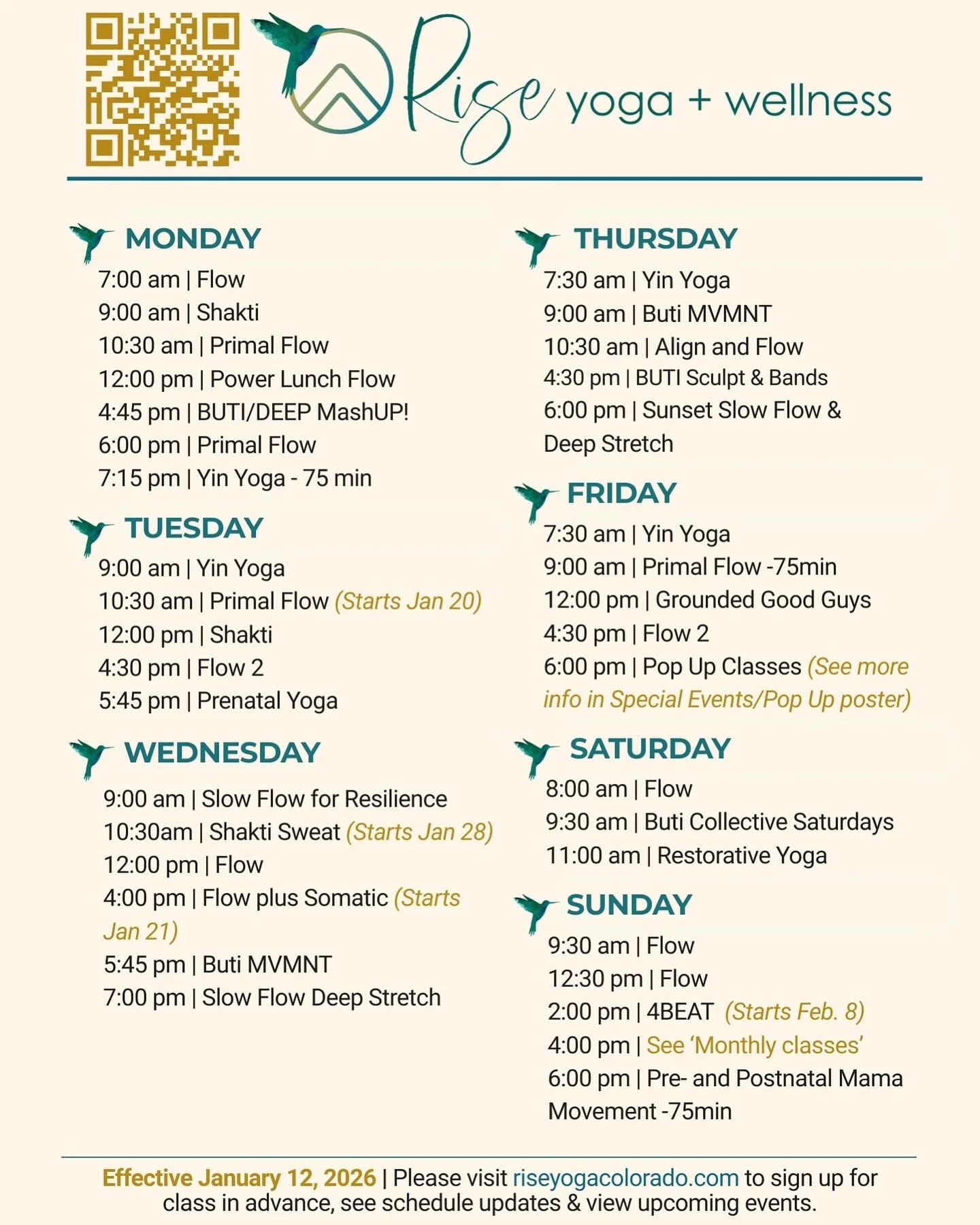 UPDATED CLASS SCHEDULE BEGINS JANUARY 12! 

Flow with us at Rise Yoga &amp; Wellness Studio! Find your breath, your balance, and your people. 🍃

✨ Whether you&rsquo;re craving a slow, mindful flow or an energizing movement practice, there&rsquo;s a 