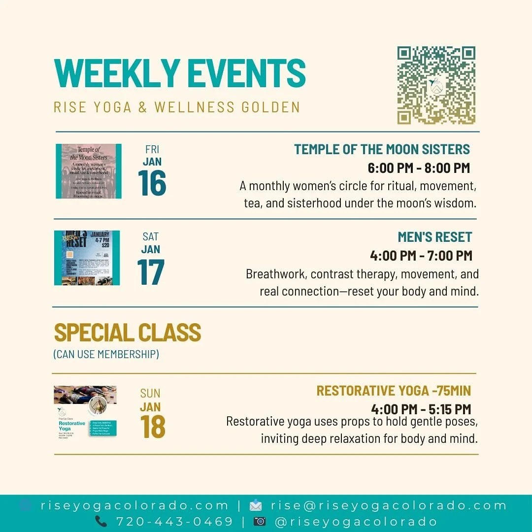 Swipe through to see Rise special event on Friday through Sunday! ➡

 💫Special Events
✨ Temple of the Moon Sisters
✨ Men's Reset

💫 Special Class
✨ Restorative Yoga -75min

We&rsquo;d love for you to join us for one (or both!) of these offerings!


