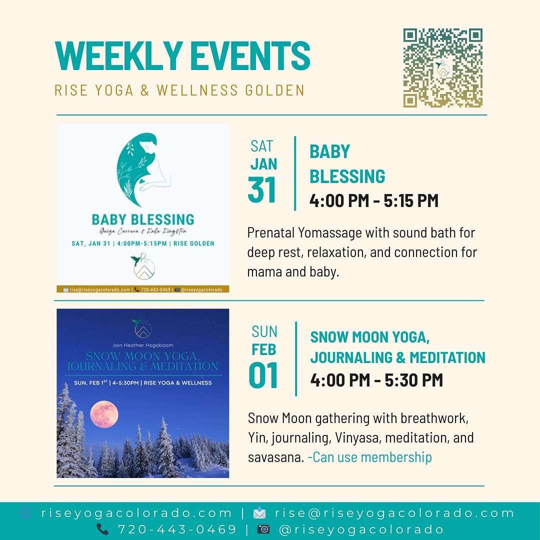 Swipe through to see Rise special weekend events! ➡

 💫 BABY BLESSING
🗓️ Saturday, January 31st
🕓 4:00PM - 5:15PM

💫 SNOW MOON YOGA, JOURNALING &amp; MEDITATION
🗓️ Sunday, February 1st
🕓 4:00PM - 5:30PM

We&rsquo;d love for you to join us for o