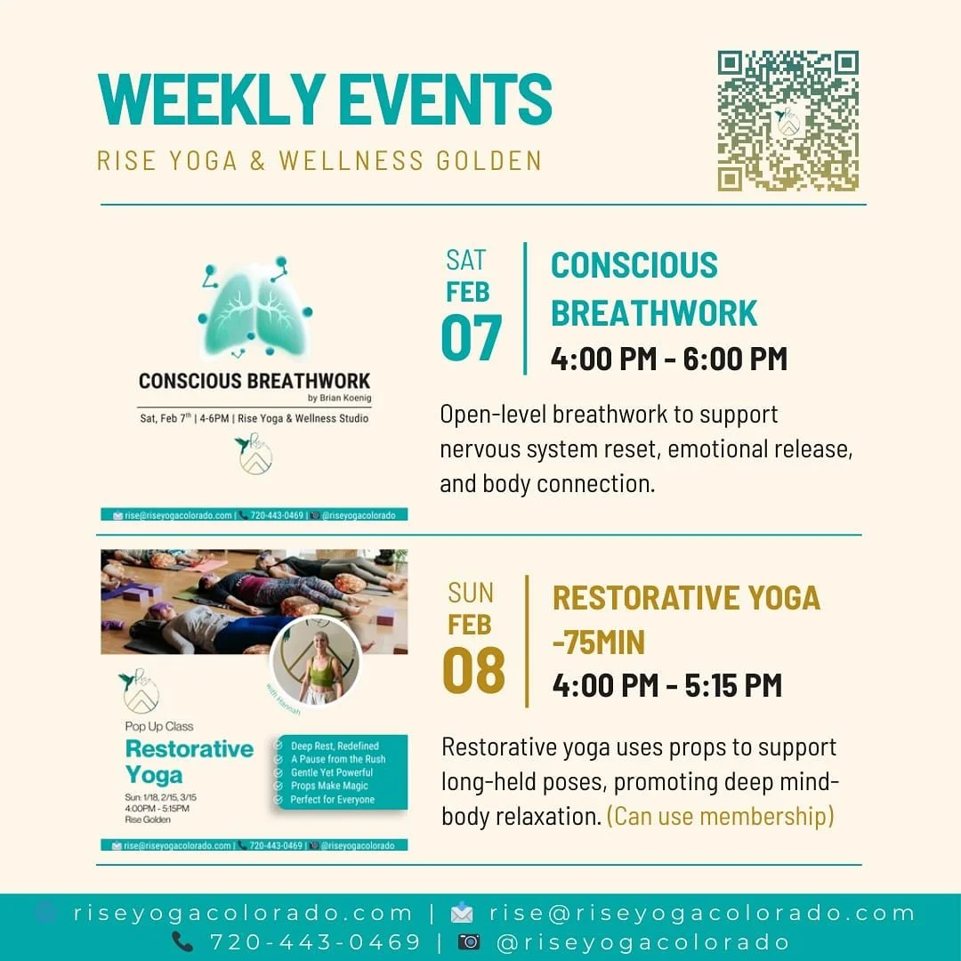 Swipe through to see Rise special weekend events! ➡

💫 CONSCIOUS BREATHWORK
🗓️ Saturday, February 7th
🕓 4:00PM - 6:00PM

💫 RESTORATIVE YOGA- 75MIN (Can use membership)
🗓️ Sunday, February 8th
🕓 4:00PM - 5:15PM

We&rsquo;d love for you to join u