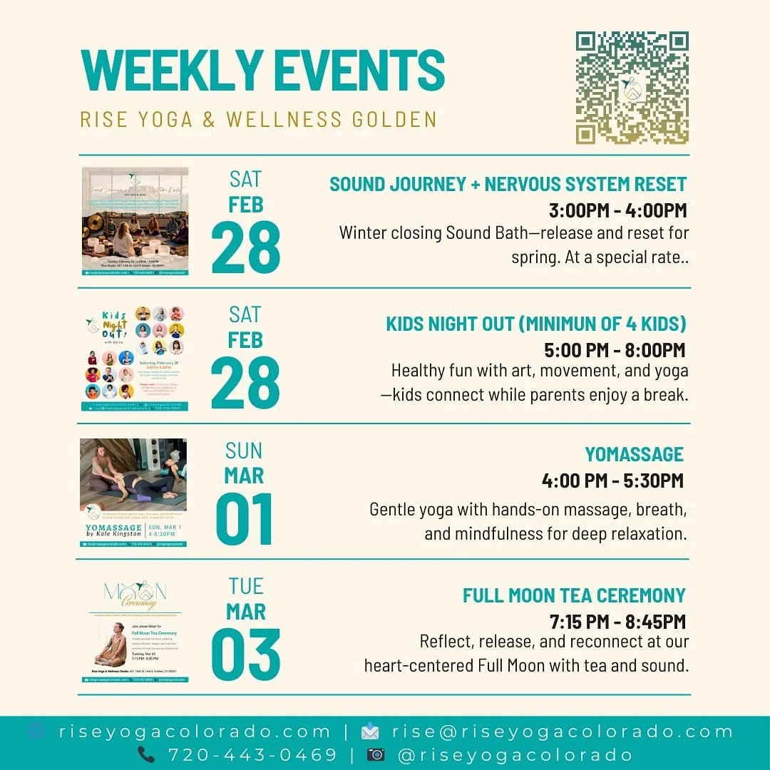 Swipe through to see Rise special events &amp; ceremonies coming up! ➡

💫 SOUND JOURNEY + NERVOUS SYSTEM RESET
🗓️ Saturday, February 28th
🕓 3:00PM-4:00PM

💫 KIDS NIGHT OUT (Minimun of 4 kids)
🗓️ Saturday, February 28th
🕓 5:00PM - 8:00PM

💫 YOM