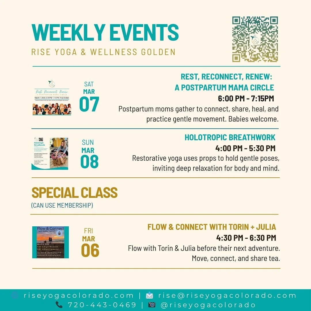Swipe through to see Rise special class &amp; events coming up! ➡

💫 FLOW &amp; CONNECT WITH TORIN + JULIA
🗓️ Friday, March 6th
🕓 4:30PM-6:30PM

💫 REST, RECONNECT, RENEW: A POSTPARTUM MAMA CIRCLE
🗓️ Saturday, March 7th
🕓 6:00PM - 7:15PM

💫 HOL