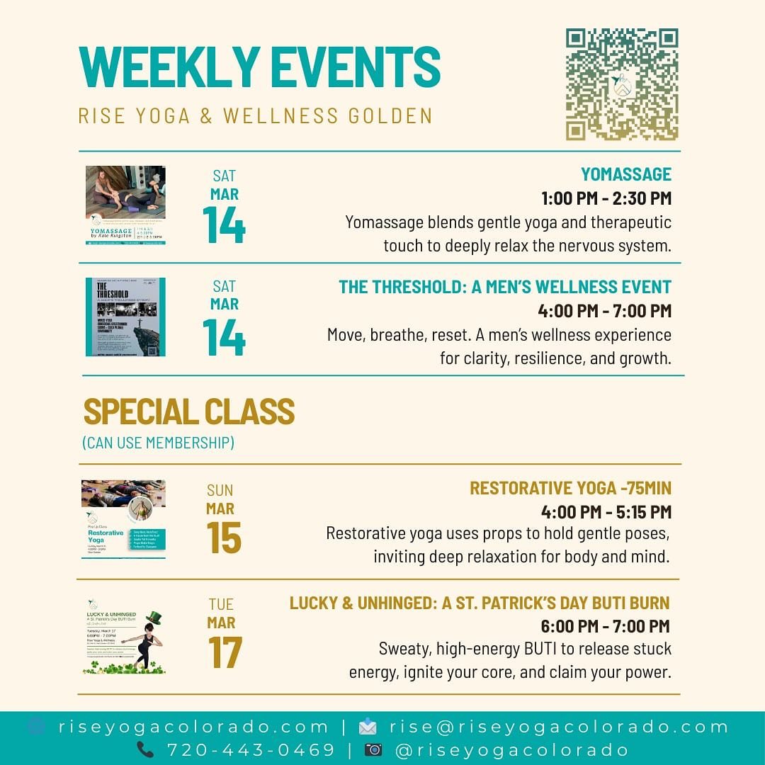 Swipe through to see Rise special class &amp; events coming up! ➡

💫 YOMASSAGE
🗓️ Saturday, March 14th
🕓 1:00PM-2:30PM

💫 THE THRESHOLD: A MEN'S WELLNESS EVENT
🗓️ Saturday, March 14th
🕓 4:00PM - 7:00PM

💫 RESTORATIVE YOGA -75MIN (Can use membe
