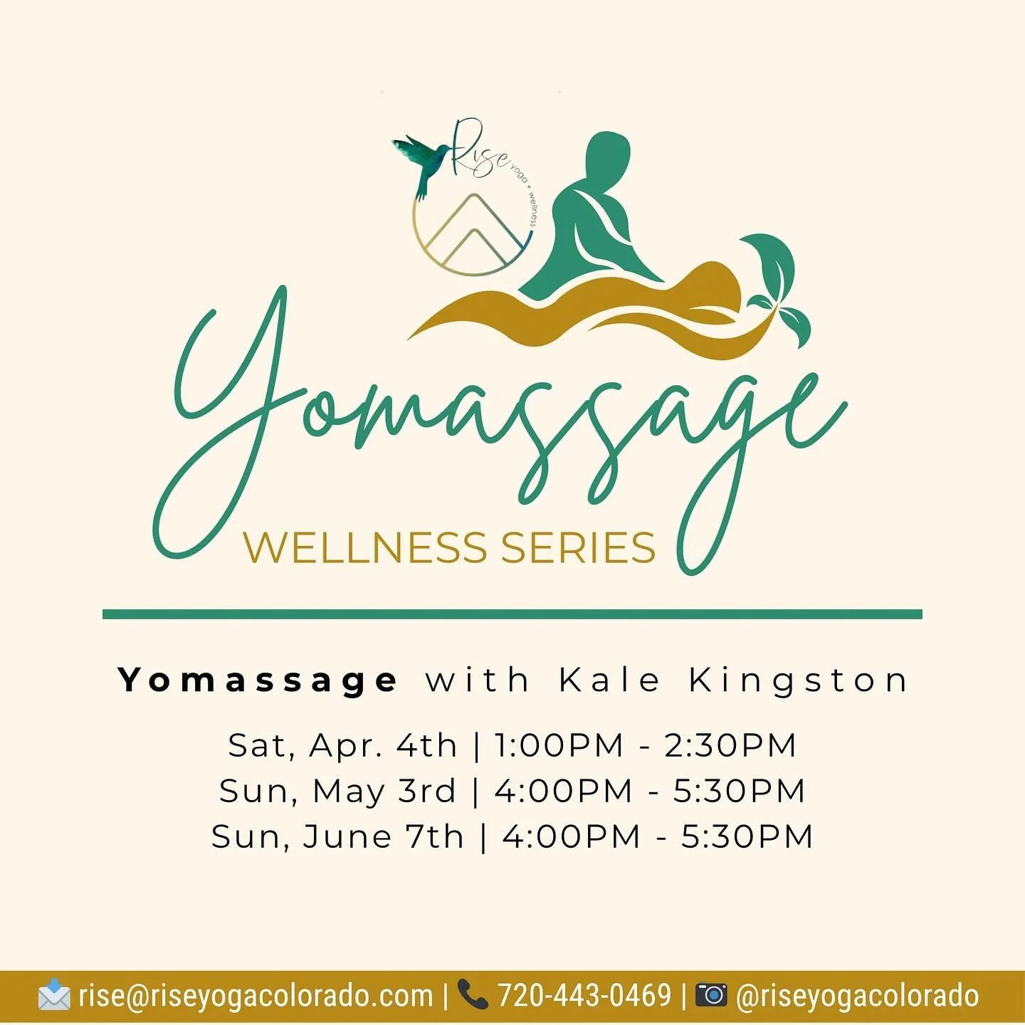 Rise special event coming up this weekend! 

💫 YOMASSAGE
🗓️ Saturday, April 4th
🕓 1:00PM-2:30PM

We&rsquo;d love for you to join us for this offering!

🔗 Click link in bio to join wellness, connection, and community at Rise.

#riseyogacolorado #r