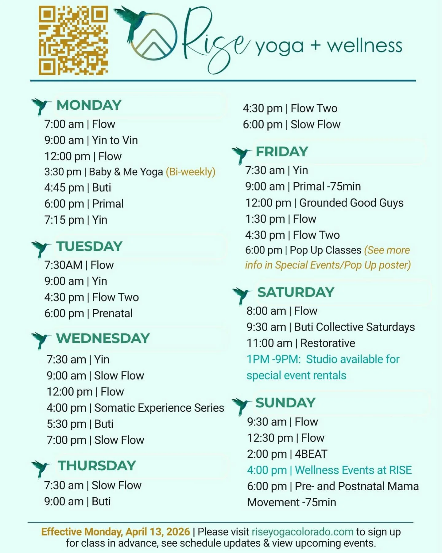 UPDATED CLASS SCHEDULE BEGINS APRIL 13! 

Flow with us at Rise Yoga &amp; Wellness Studio! Find your breath, your balance, and your people. 🍃

✨ Whether you&rsquo;re craving a slow, mindful flow or an energizing movement practice, there&rsquo;s a cl