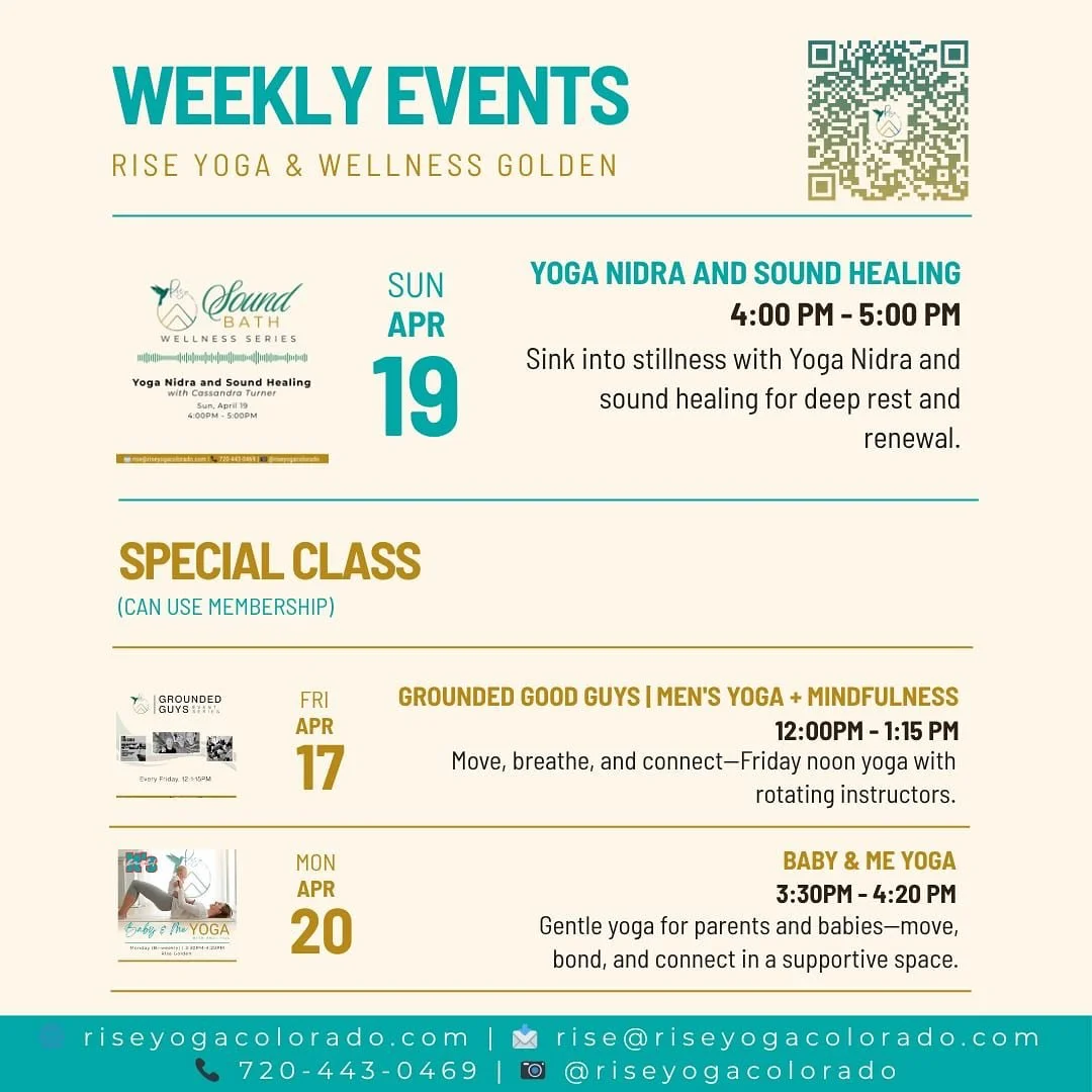 Swipe through to see Rise special class &amp; events coming up! ➡

💫 YOGA NIDRA AND SOUND HEALING
🗓️ Sunday, April 19th
🕓 4:00PM-5:00PM

💫 GROUNDED GOOD GUYS | MEN'S YOGA + MINDFULNESS (Can use membership)
🗓️ Friday, April 17th
🕓 12:00PM - 1:15