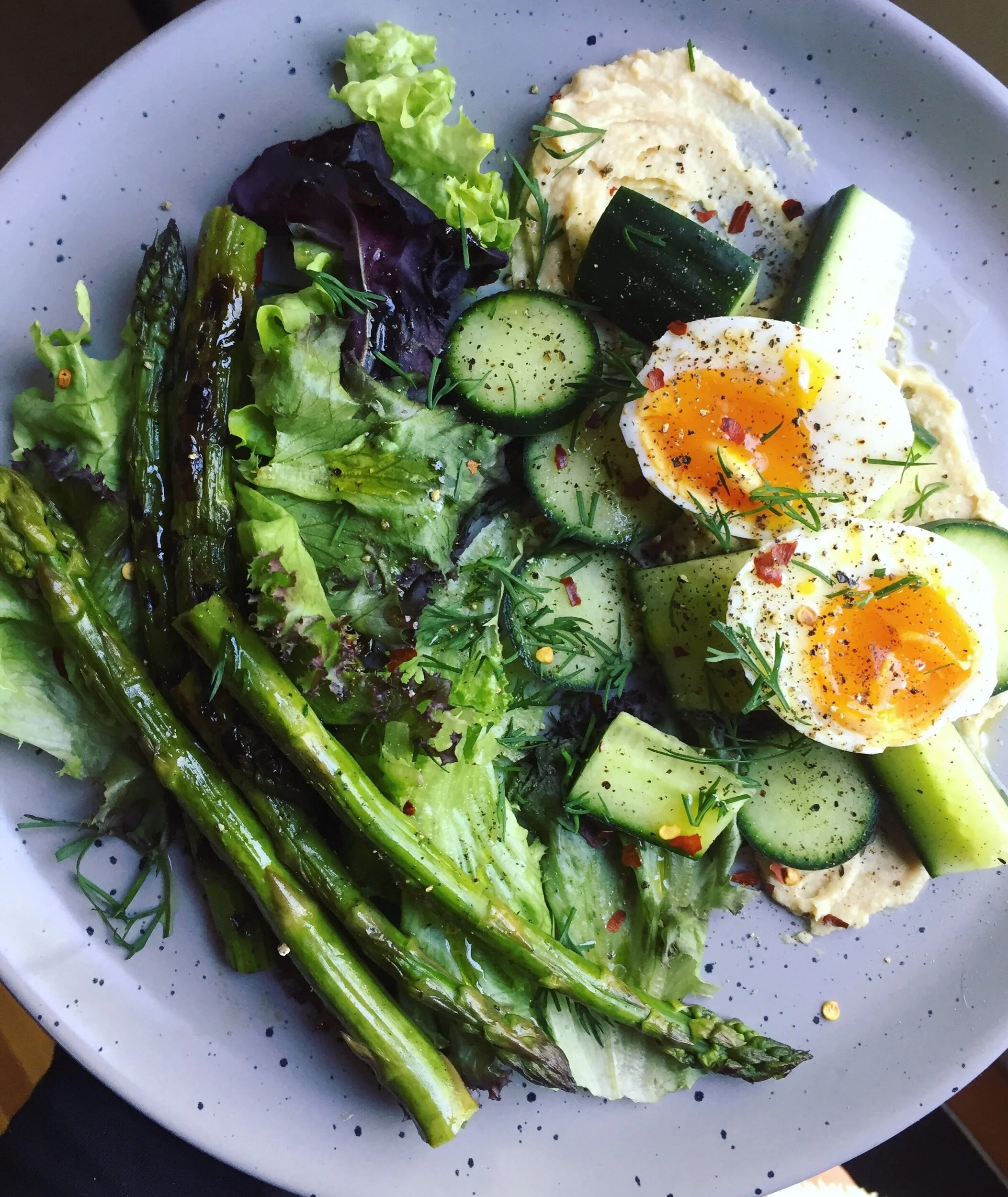 Spring Greens Salad with Roasted Garlic Hummus+7-Minute Egg