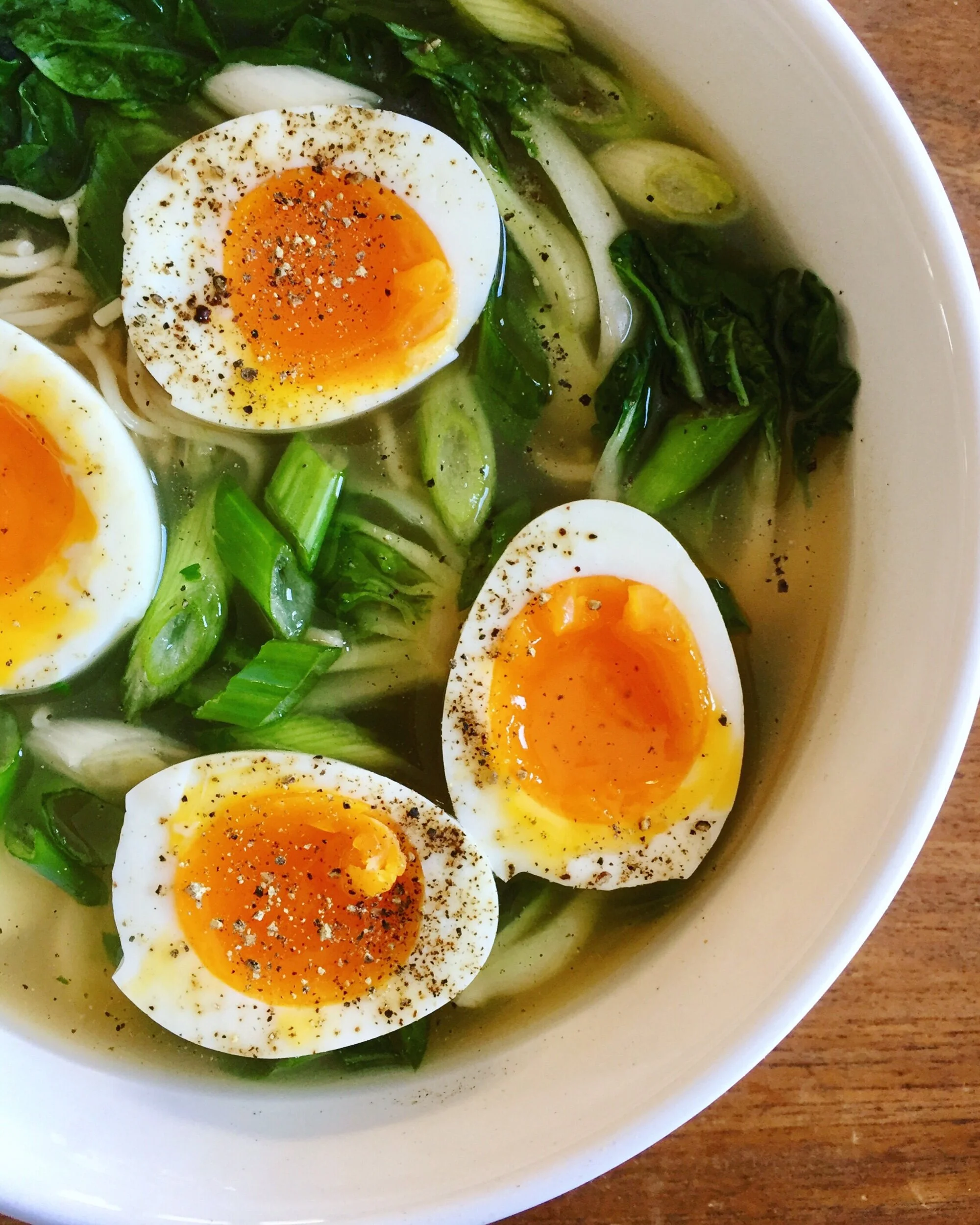 Miso Vegetable Noodle Soup - Made with ramen noodles, bok choy and farm fresh eggs.