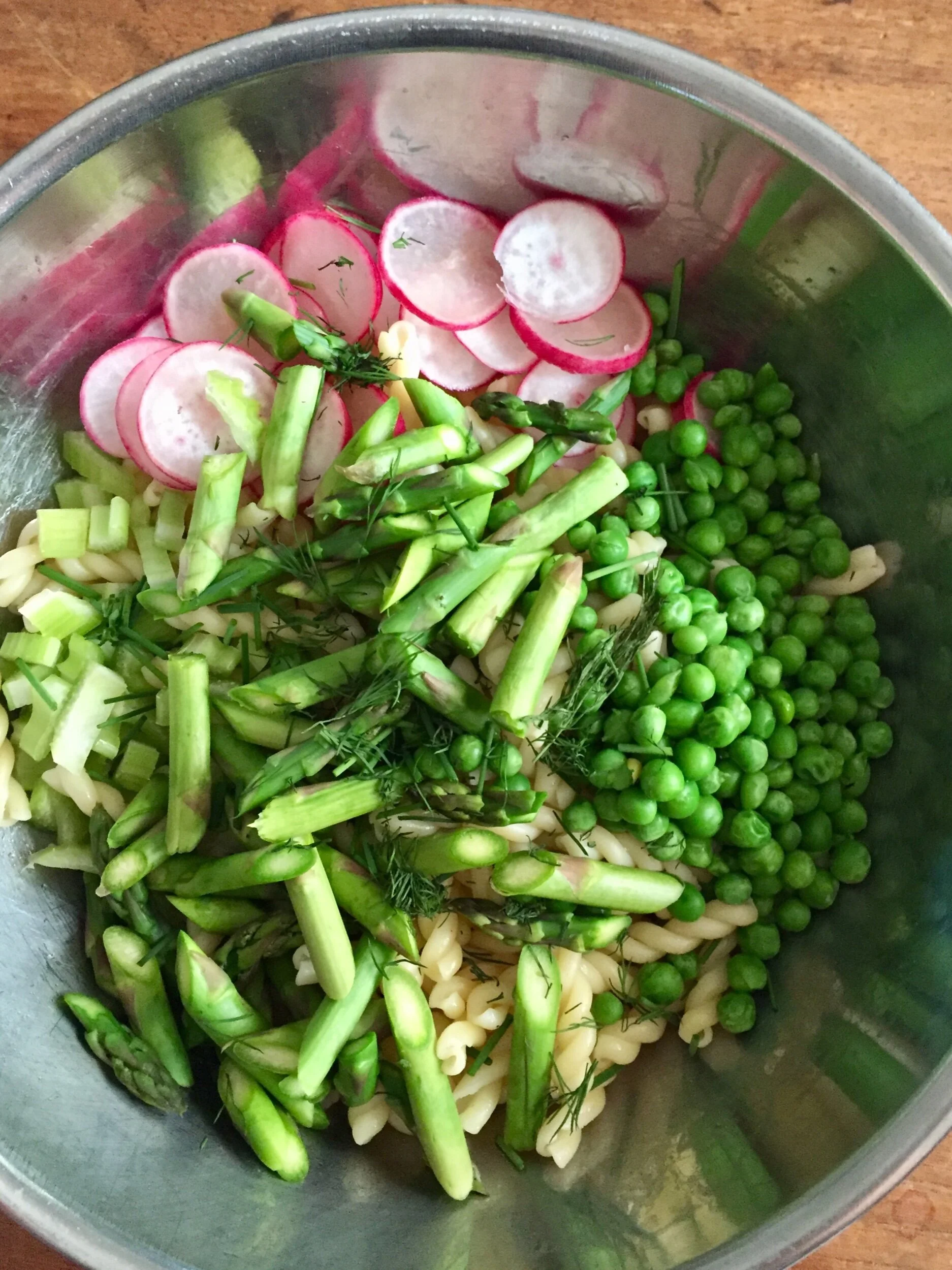 Honey Dijon Asparagus Pasta Salad Ingredients in a Mixing Bowl