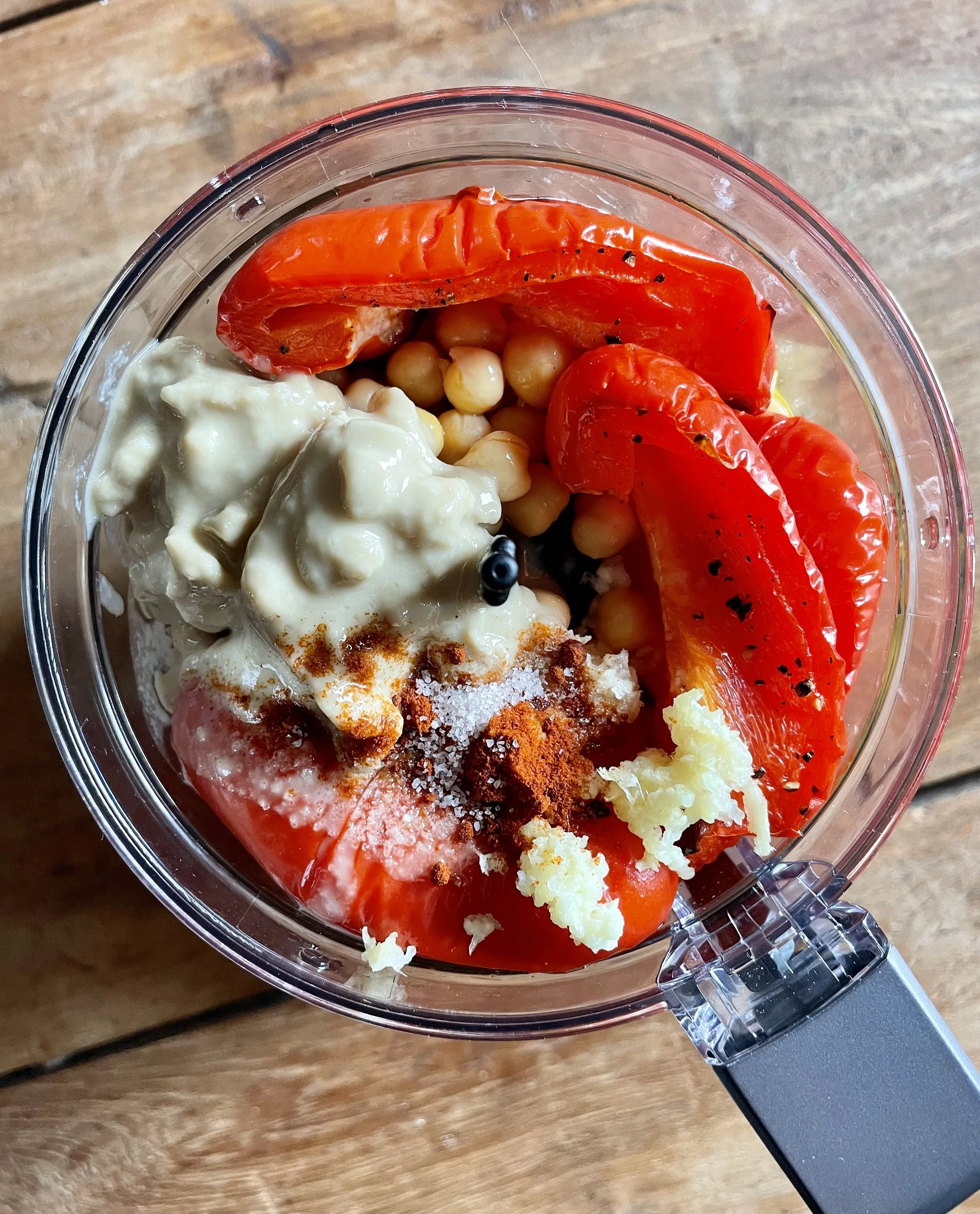 Roasted Red Pepper Hummus - Ingredients in food processor.