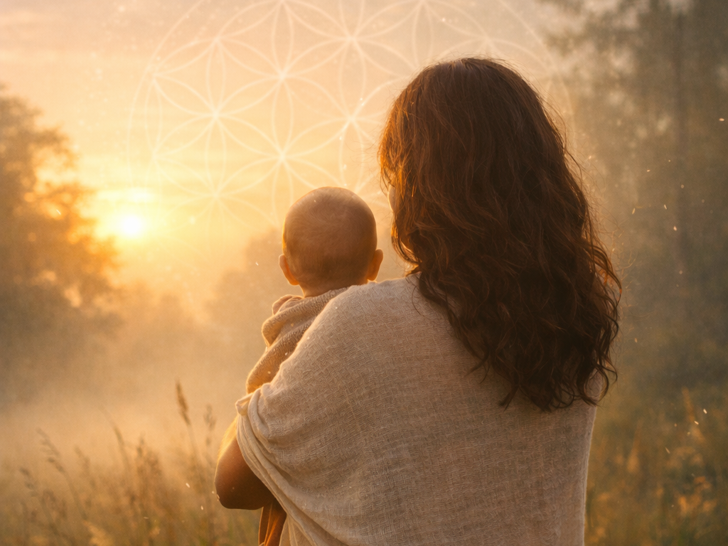 Mother in nature in a reflective moment of spiritual awakening