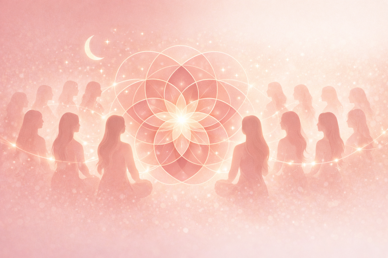 Silhouettes of women meditating in a circle, glowing with a luminous geometric pattern and star-like sparkles, set against a pink cosmic background with a crescent moon.
