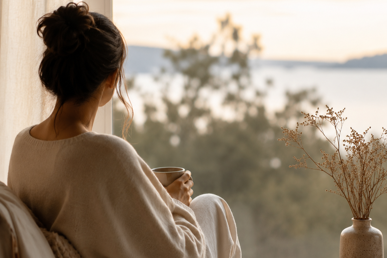 Woman with mug by window