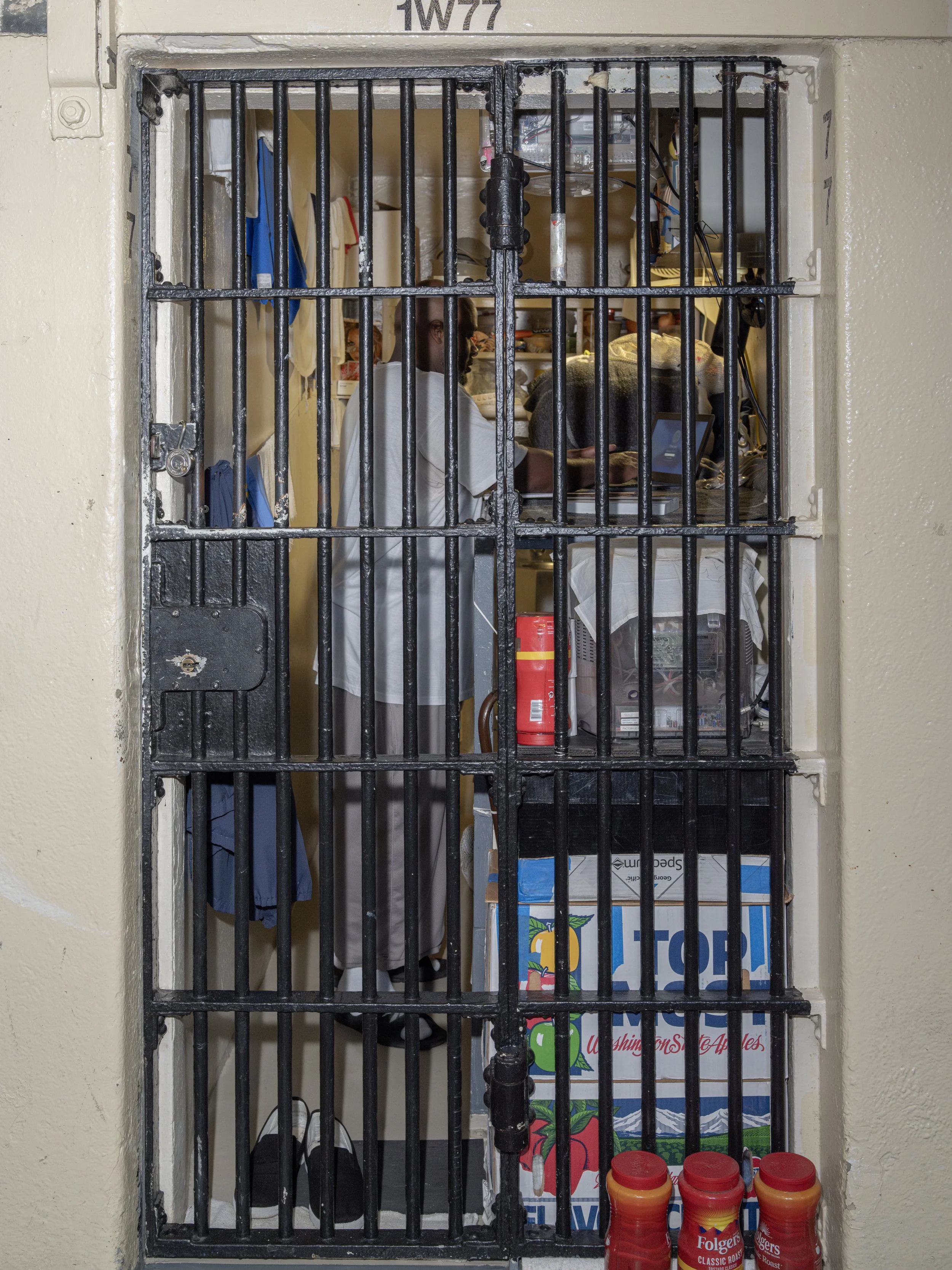 View through a black metal barred window into a storage closet with various household items, cleaning supplies, and shoes inside.