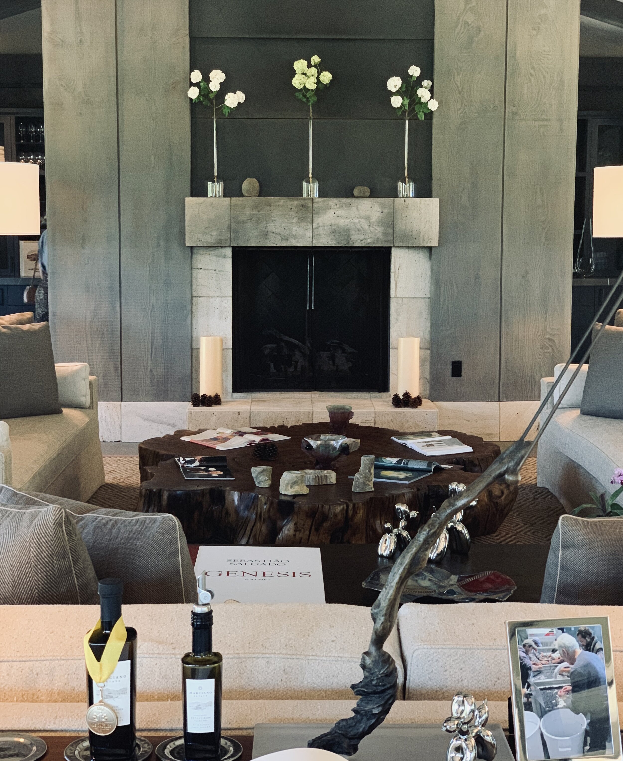  Surrounded by panoramic views of the secluded property, this fireplace is central to the room.  Love the mix of steel, stone &amp; wood. 