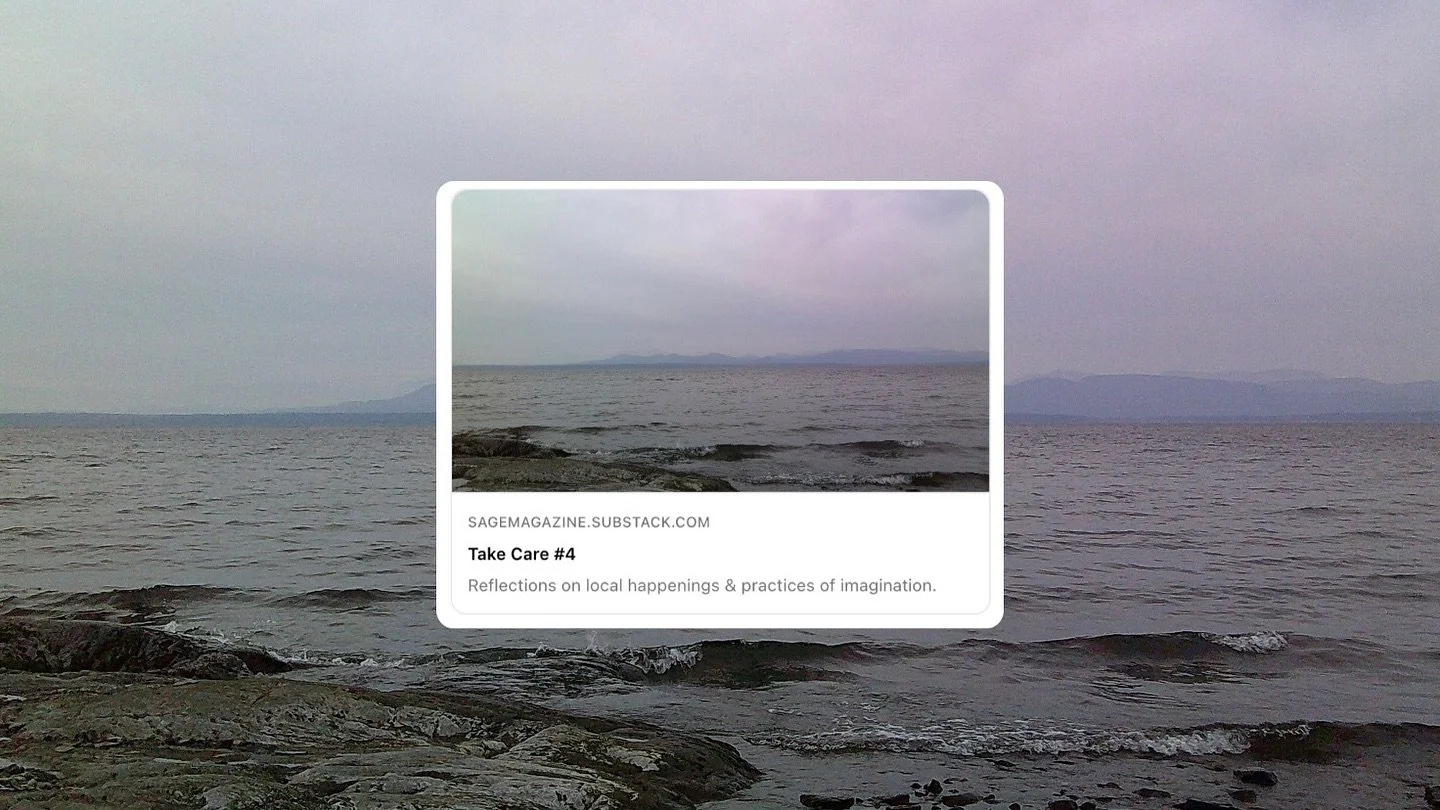 Take Care, #4 is up on our Substack.

Reflections on local happenings and ponderings on imagination practices. Read if you please, link in our bio.