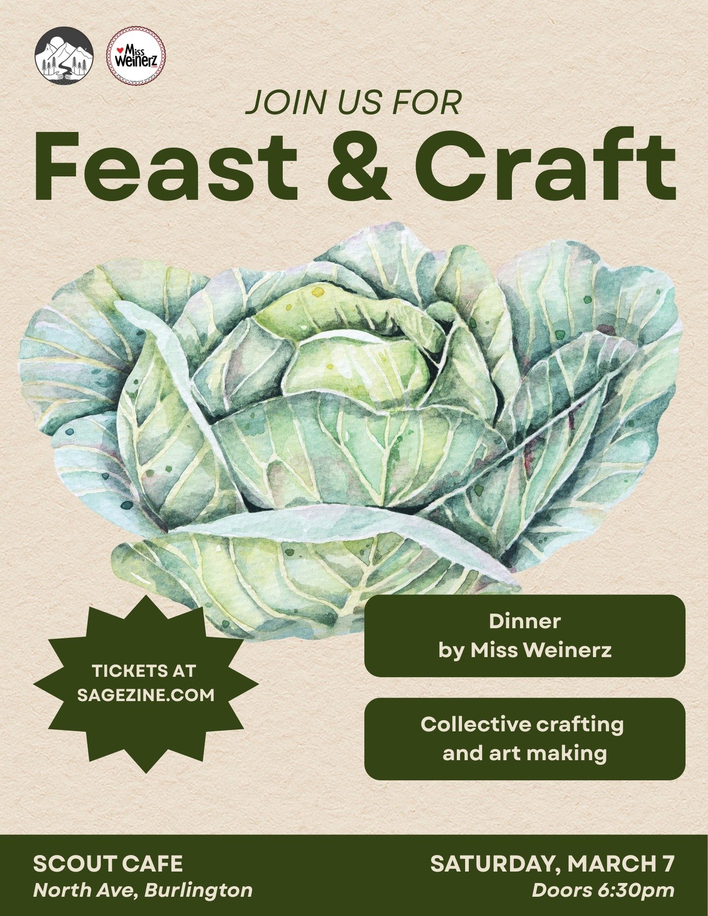 Next community meal: Saturday, March 7th! 🍽️ ⭐️ Bring your neighbors/friends/family!!!! 

Join us at @scout.vt (after hours) for a meal by @missweinerz, conversations, and art-making!

Tickets at sagezine.com!